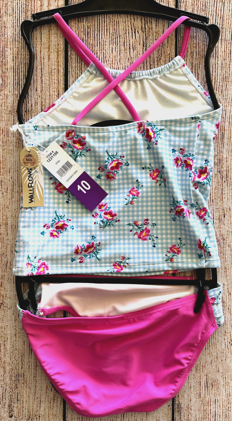 Girls Sz 10 Two Piece Tankini Swimsuit Wallflower Blue/Pink Floral and Check