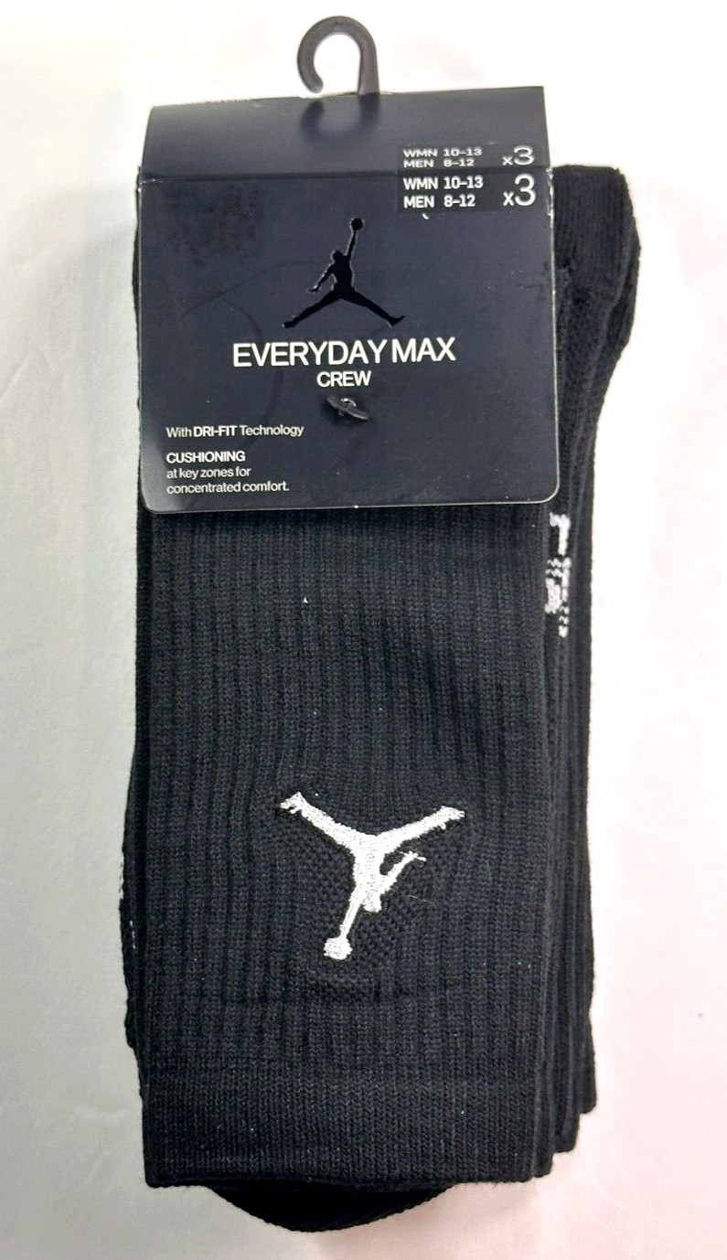 Authentic JORDAN Crew Socks / 3 Pack-3 Pairs / Men’s Size 8 -12 / BLACK / NWT