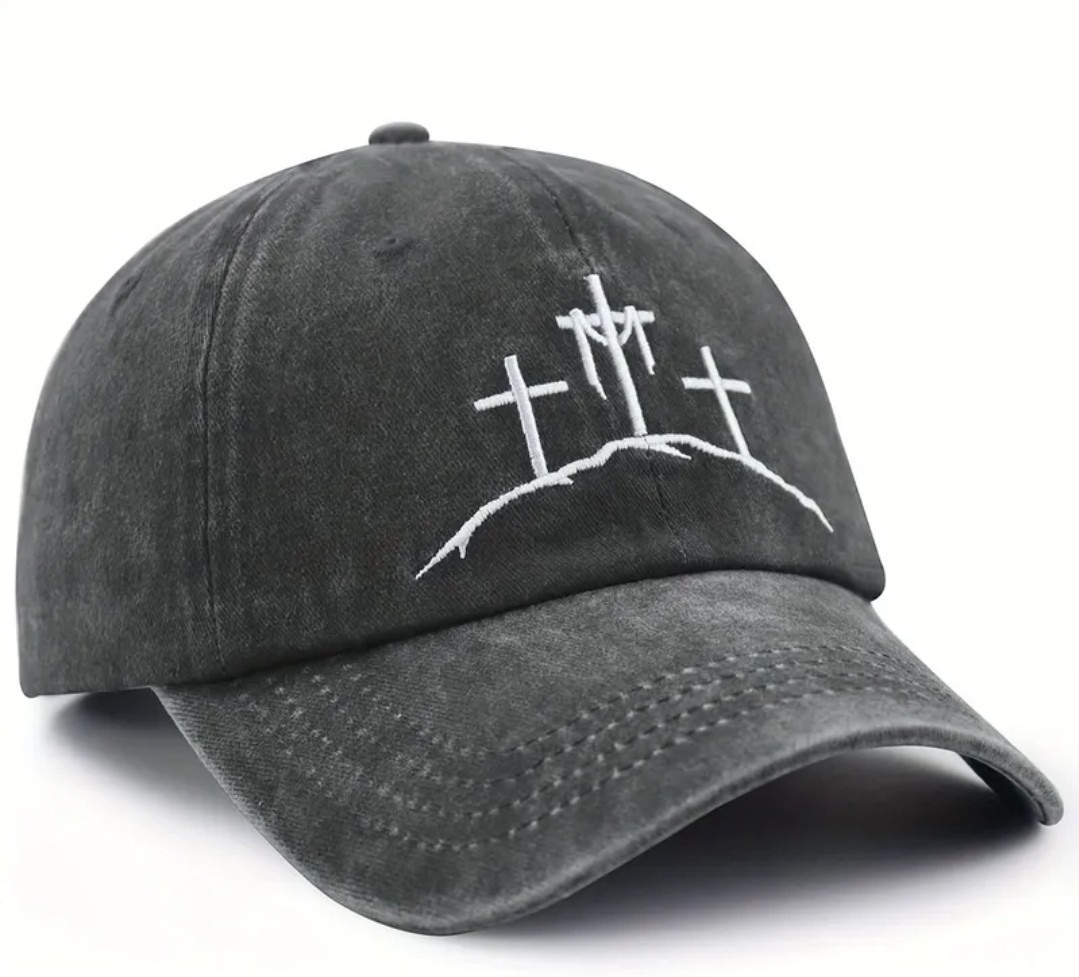 Christian Cross Hat 100% Cotton Adjustable Cap Embroidered 3 Crosses