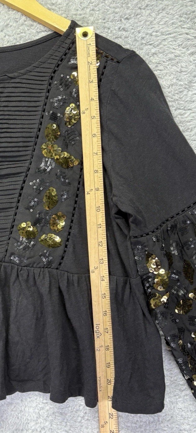 Anthropologie Womens Medium Black Sequin Embellished Peplum Top Balloon Sleeve