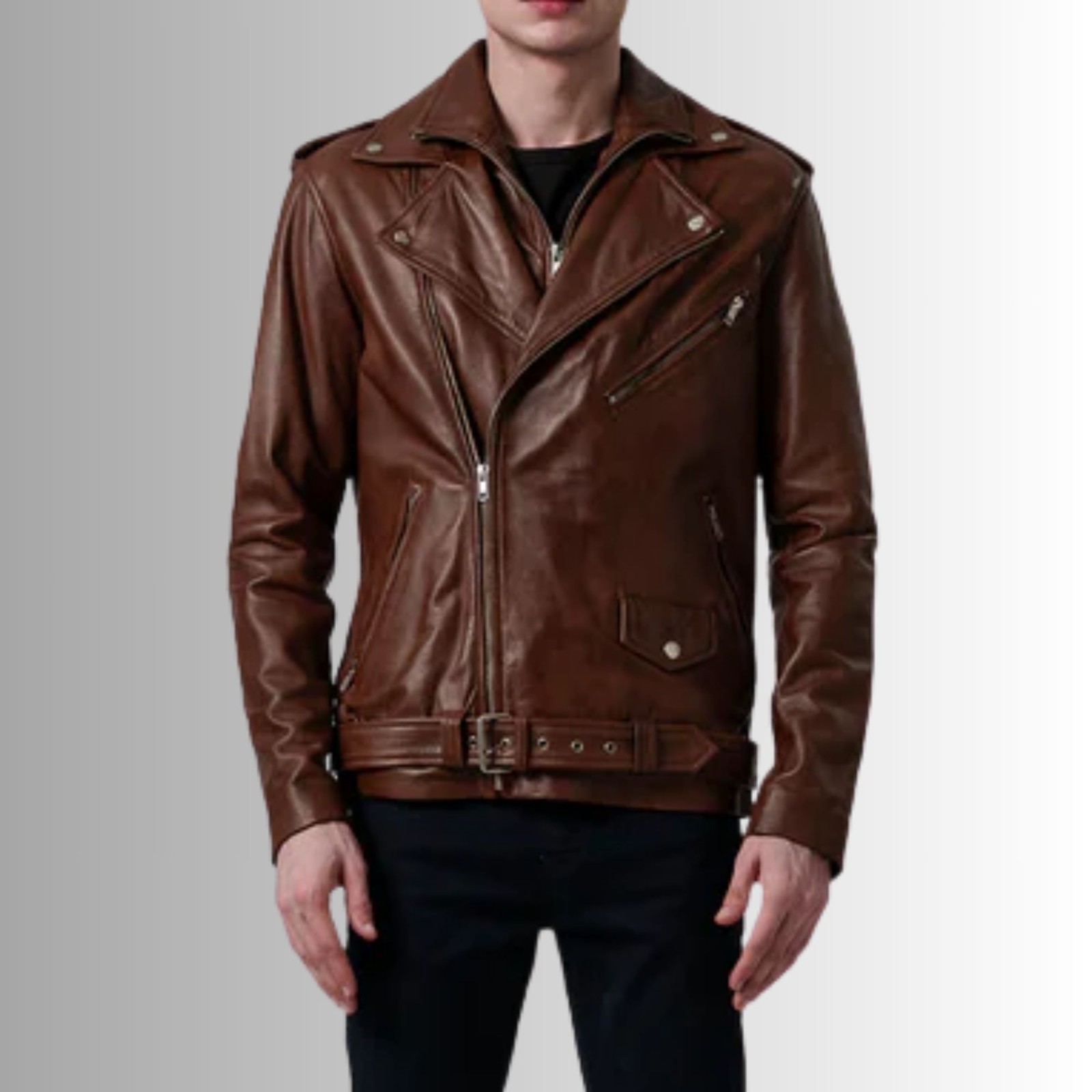 Men Brown Genuine Leather Biker Jacket Slim Fit Moto Zip Up Belted Coat