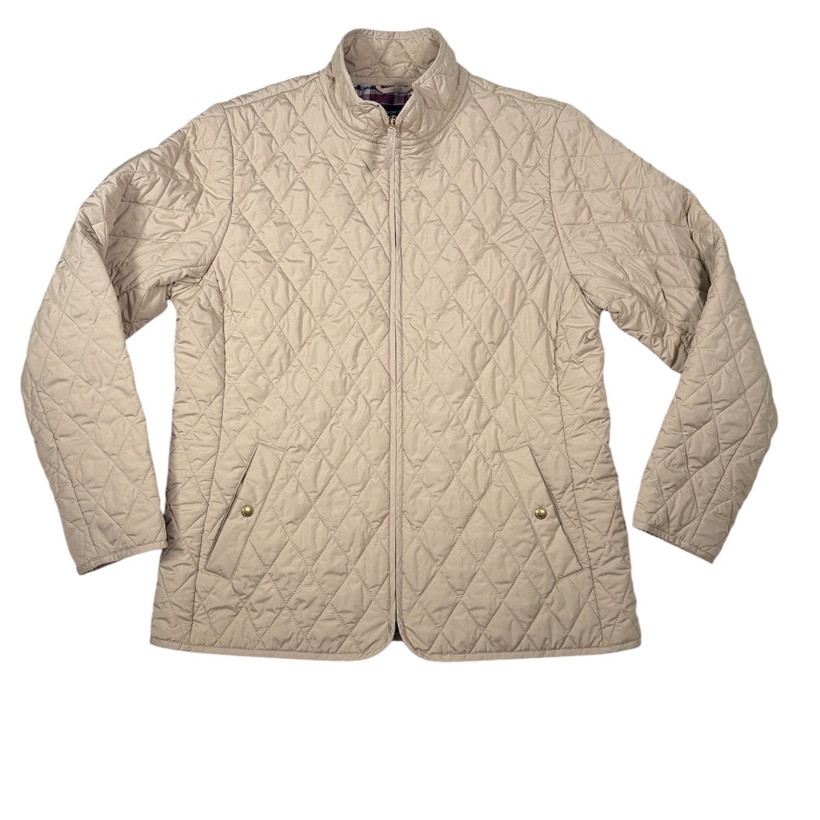 Lands End Jacket Womens Large 14-16 Tan Quilted Full Zip Outdoor Hiking Chore