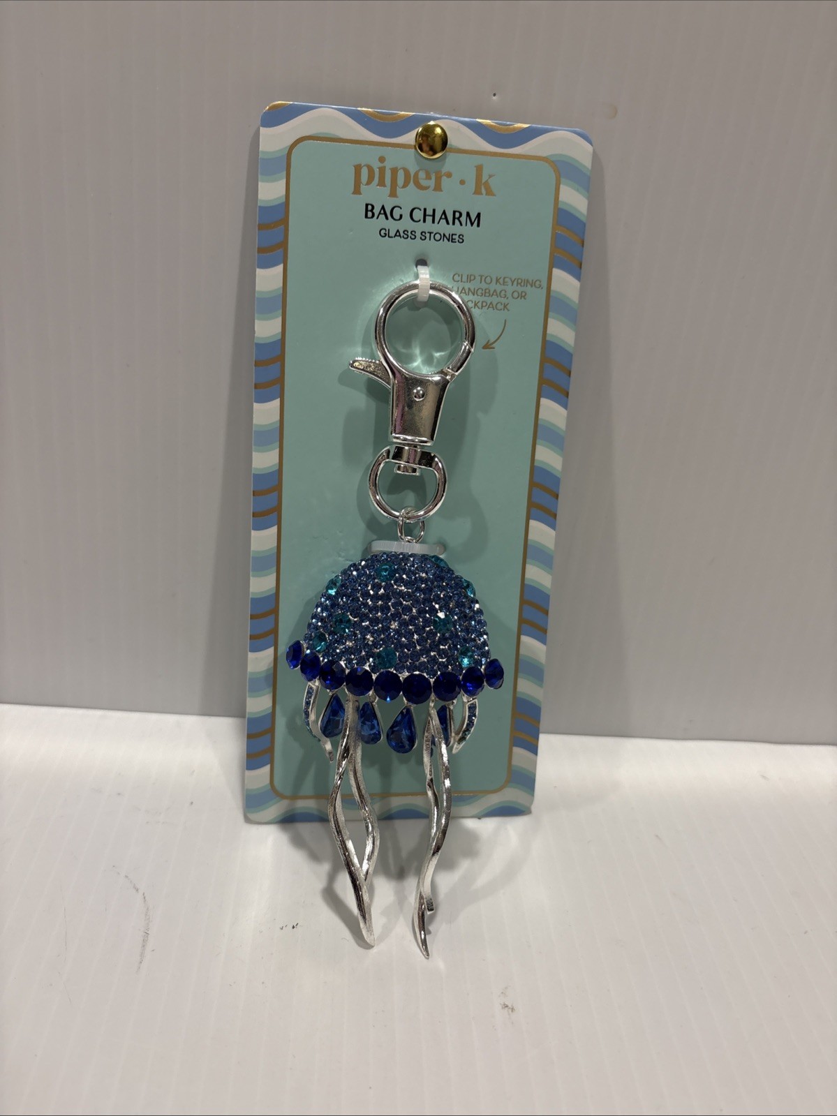 💙NWT Piper K Blue Rhinestone Jelly Fish Bag Charm / Keychain Blue Crystal