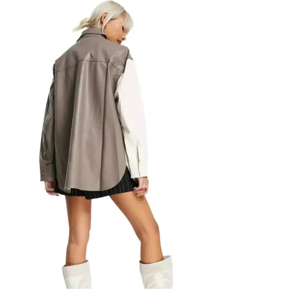 Women’s White and Gray Genuine Leather Shirt – Premium Full Sleeve Button-Down F
