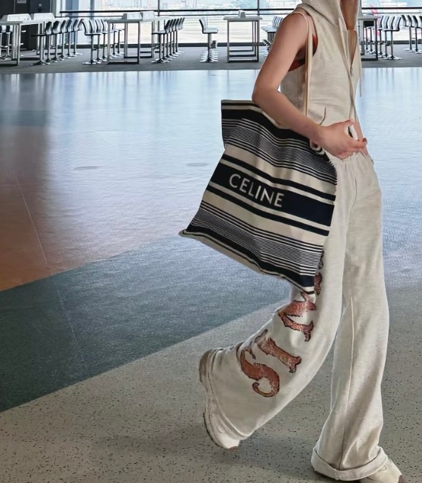 GWP CELINE BEAUTY Blue White Stripes Canvas Cotton Tote Eco Bag Novelty ~Large