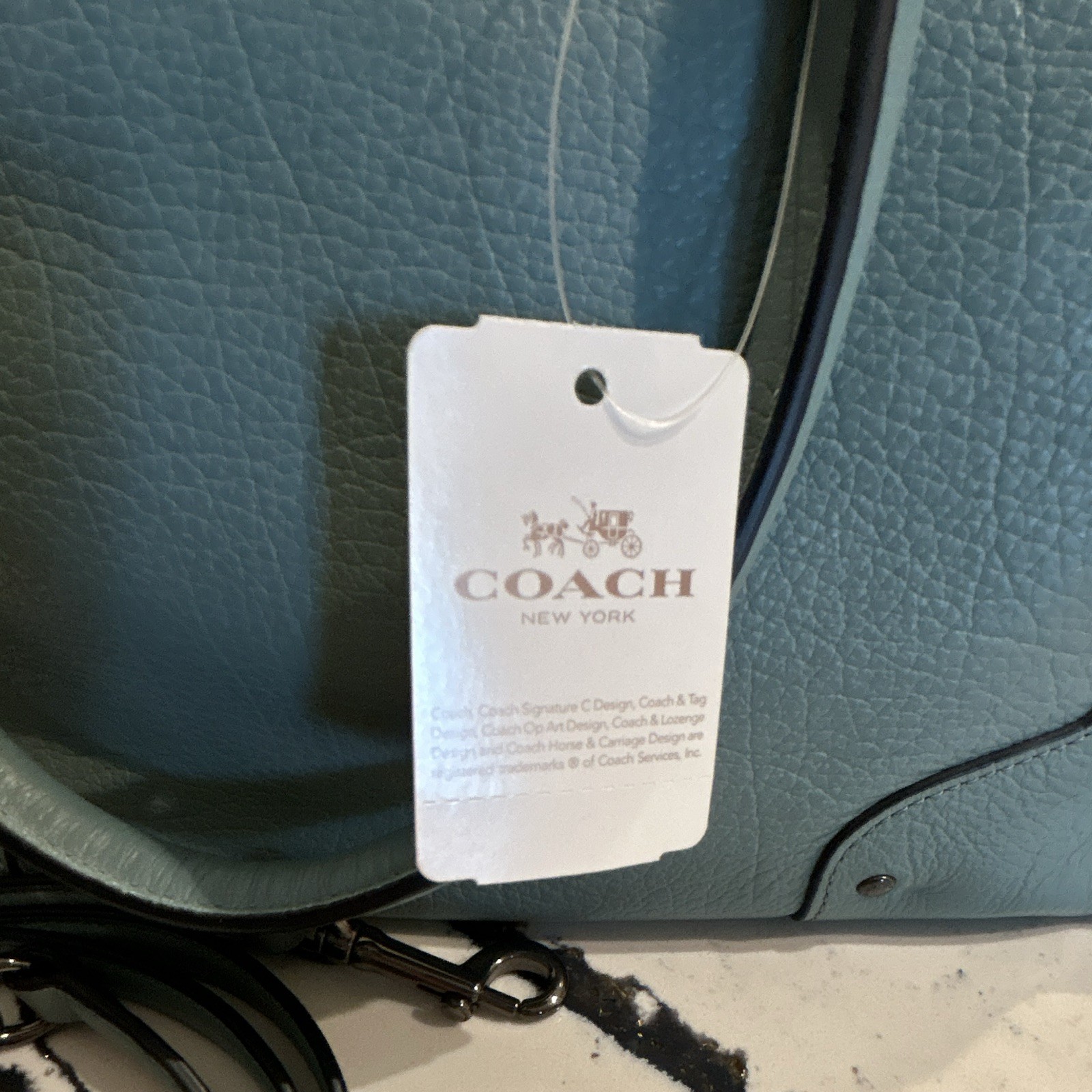 Coach Blue Pebbled Zip Satchel Top Handle Detachable Strap Hang Tag Gunmetal