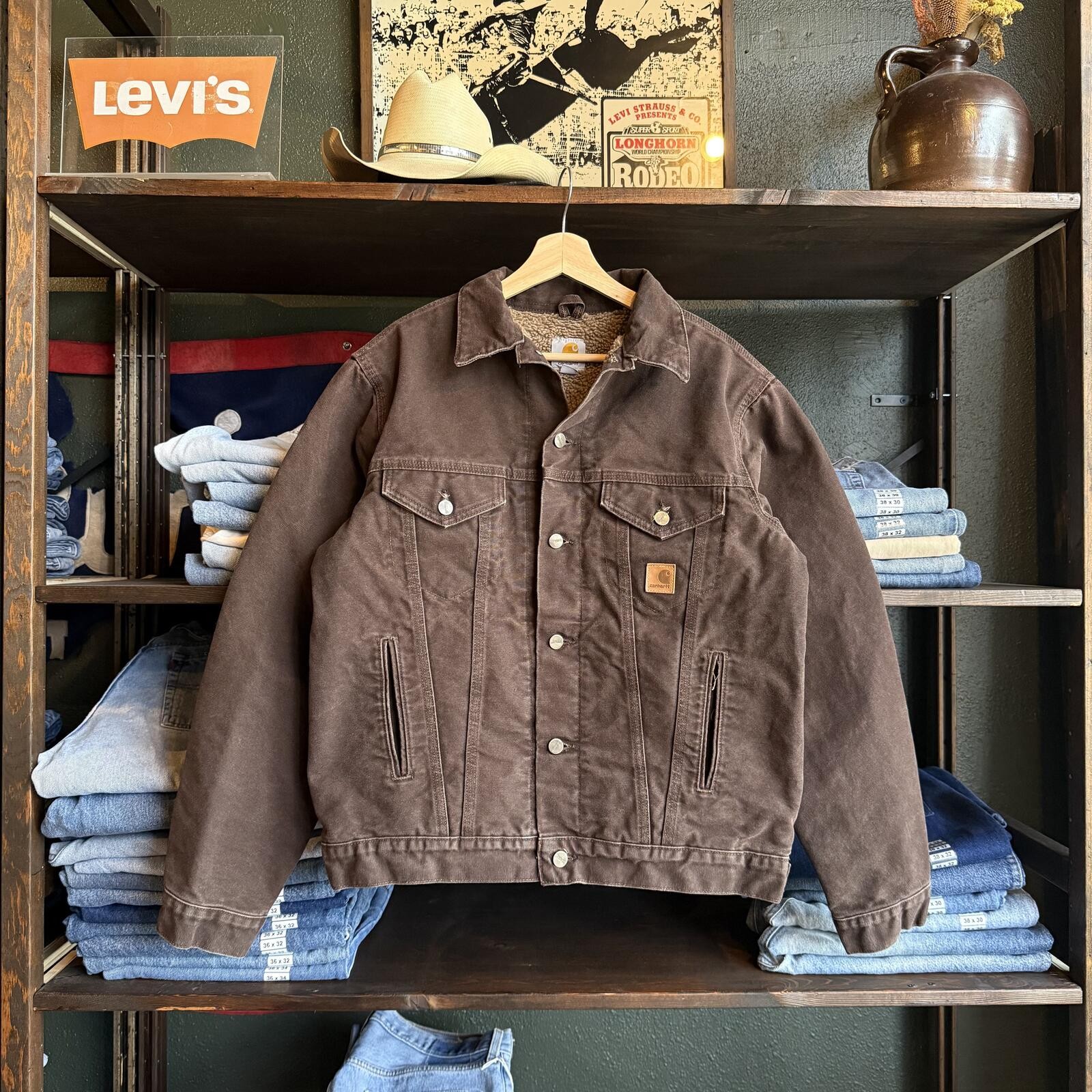 Vintage Carhartt J233 DKB Trucker Jacket Mens Medium Dark Brown Sherpa Lined