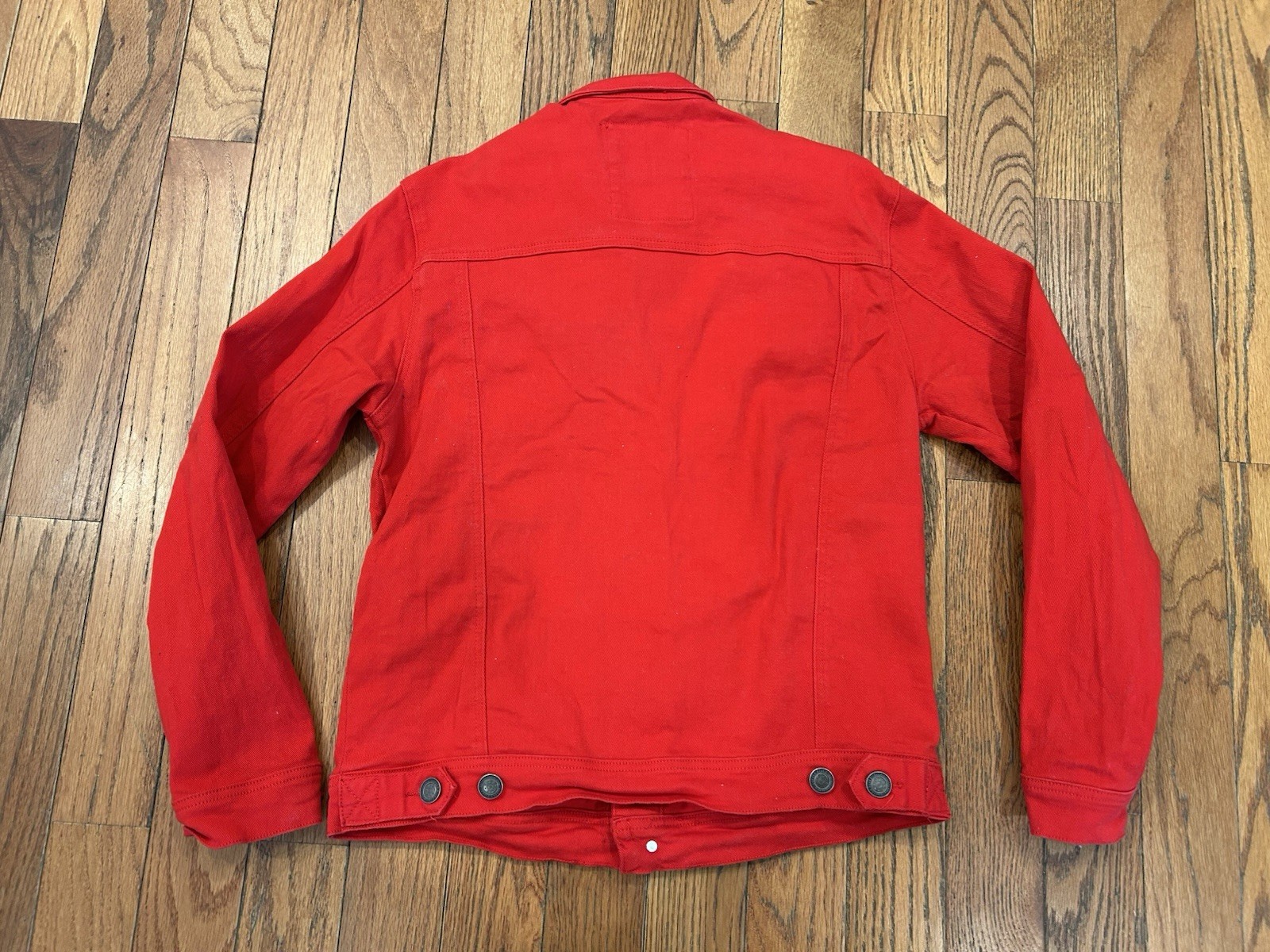 Copper Rivet Denim Jacket Mens Large L Red Distressed Ripped Jean Trucker Coat