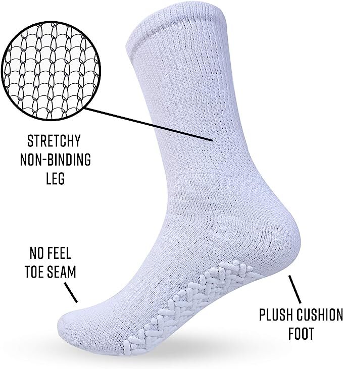 Non Skid Diabetic Crew Socks Non Binding Loose Fit Top Cotton Gripper Men Women