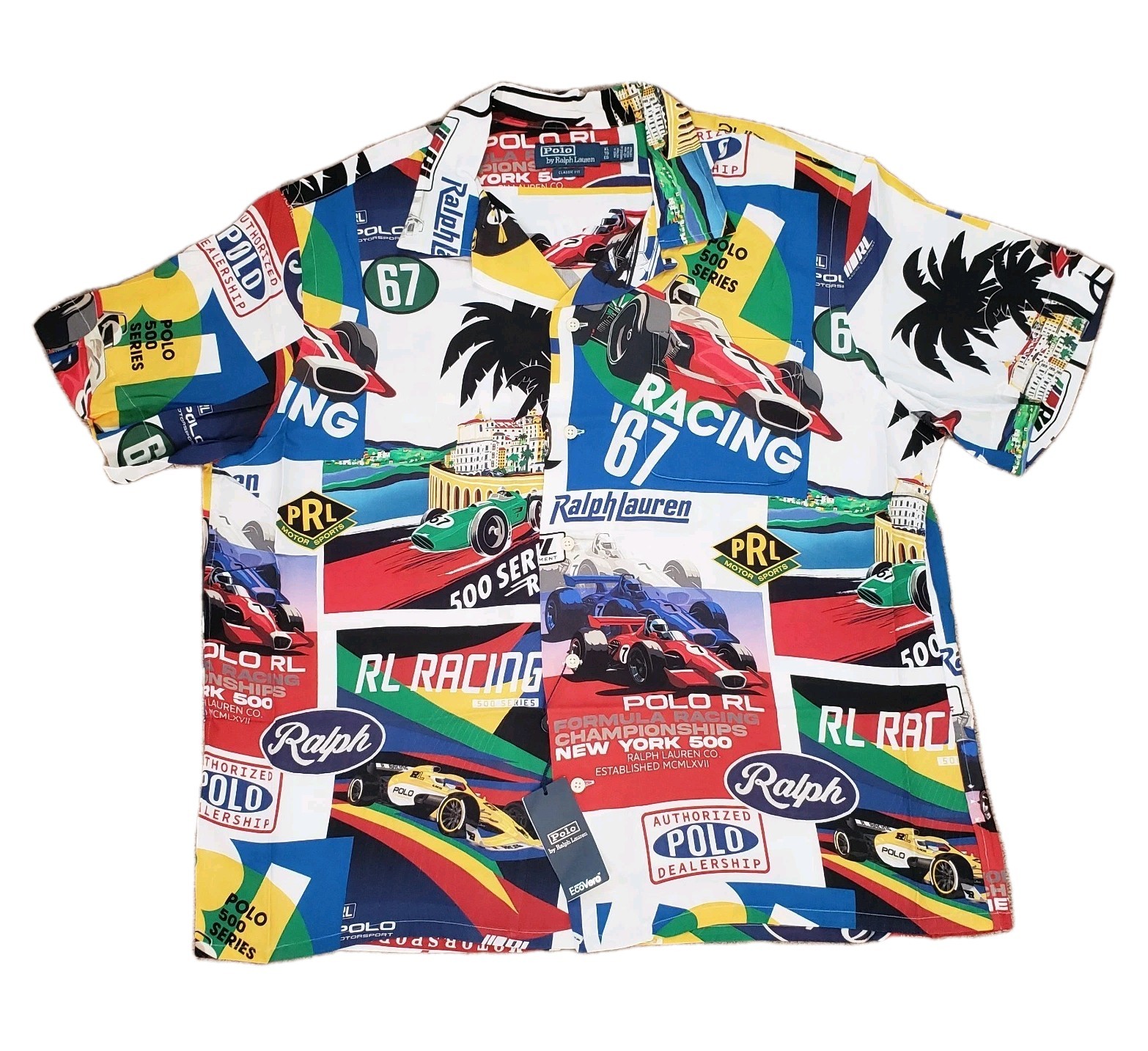 Polo Ralph Lauren Formula Racing Sz XL Classic Fit Prix Poster Woven Camp Shirt
