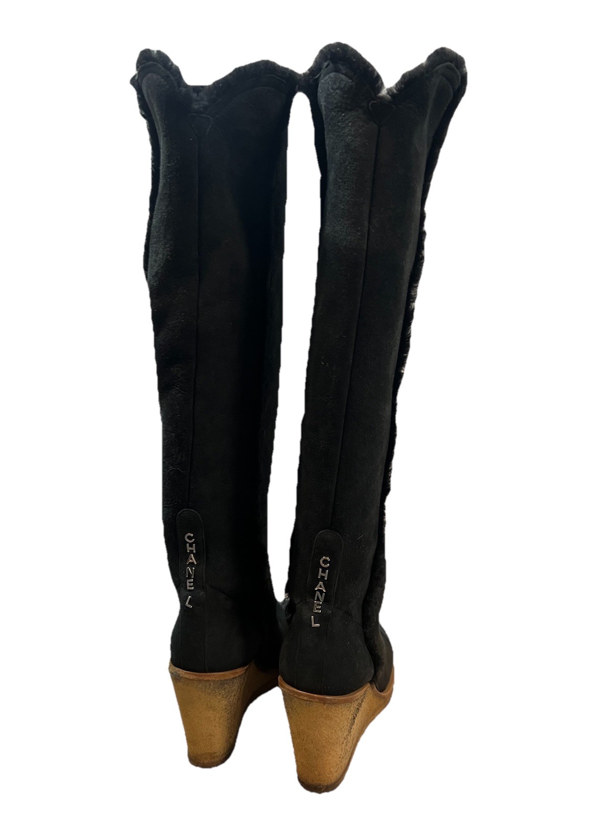 Chanel Boots 40 Wedge Knee High Suede Sherpa Fur Lined Biker Moto Spellout Logos