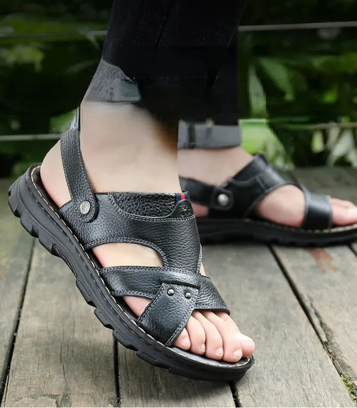 Summer Men Leather Sandals Genuine Leather Non-slip Men Shoes Slippers
