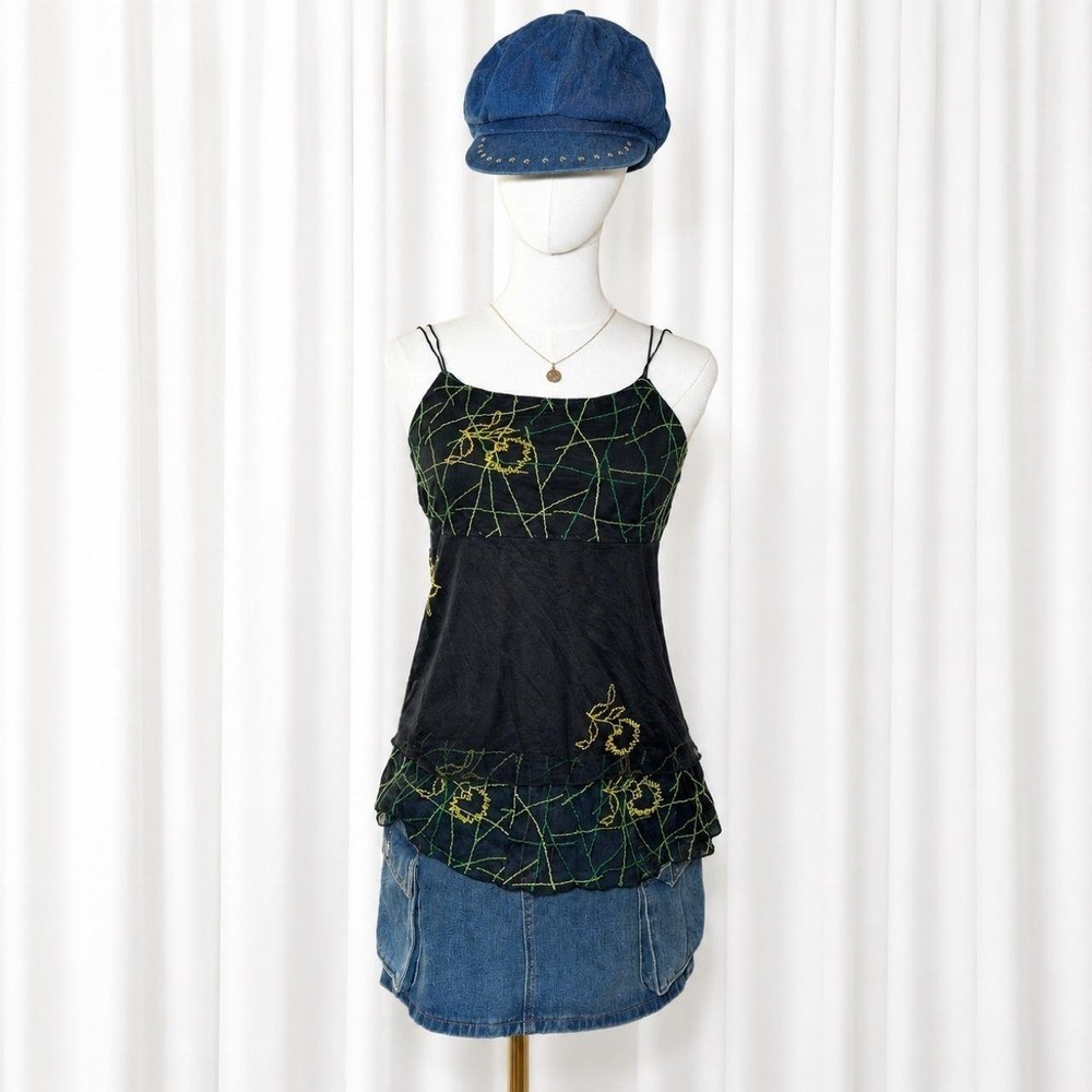 Euro Y2K Black Mesh Embroidered Floral Cami Top