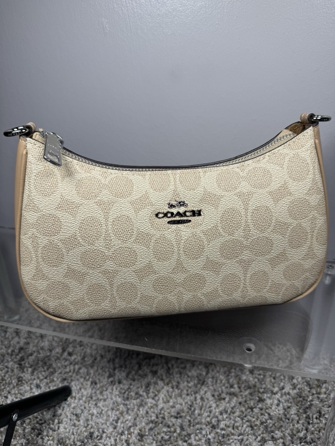 Coach Signature Beige Small Crescent Shoulder Bag Zip Closure Chain Strap