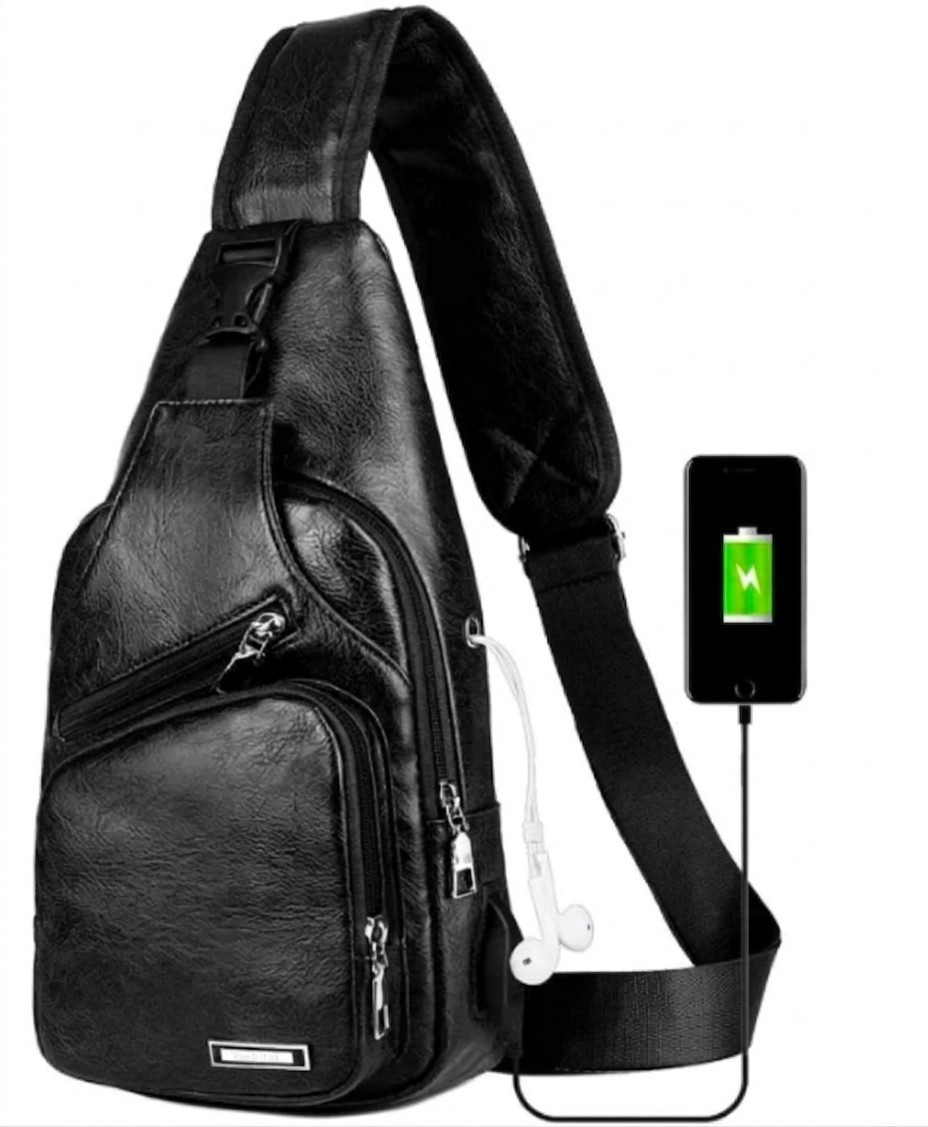 Black Chest Crossbody Bag Sling Backpack for Men with USB Charge Port