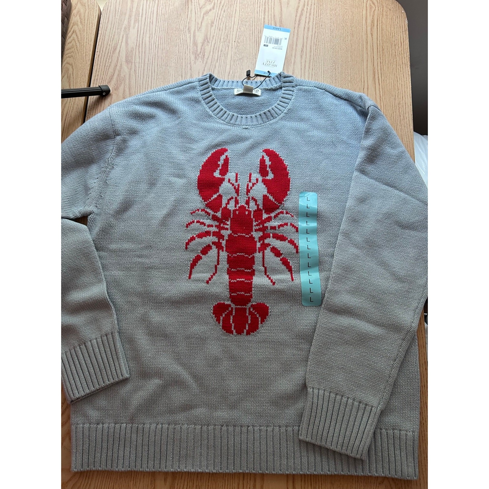 New Women’s Mighty Fine Lobster 🦞 Print Sweater Cotton Acrylic Baby Blue Large