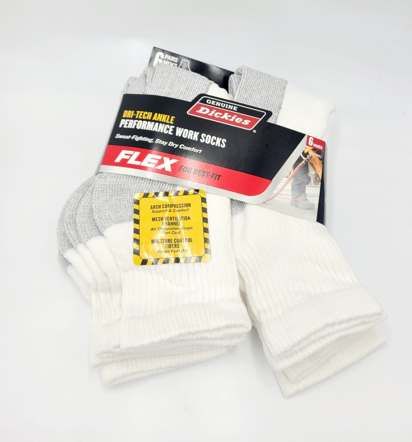 Dickies Men’s Dri-tech Moisture Control Ankle Socks 6 Pairs Size 6-12 White/Gray