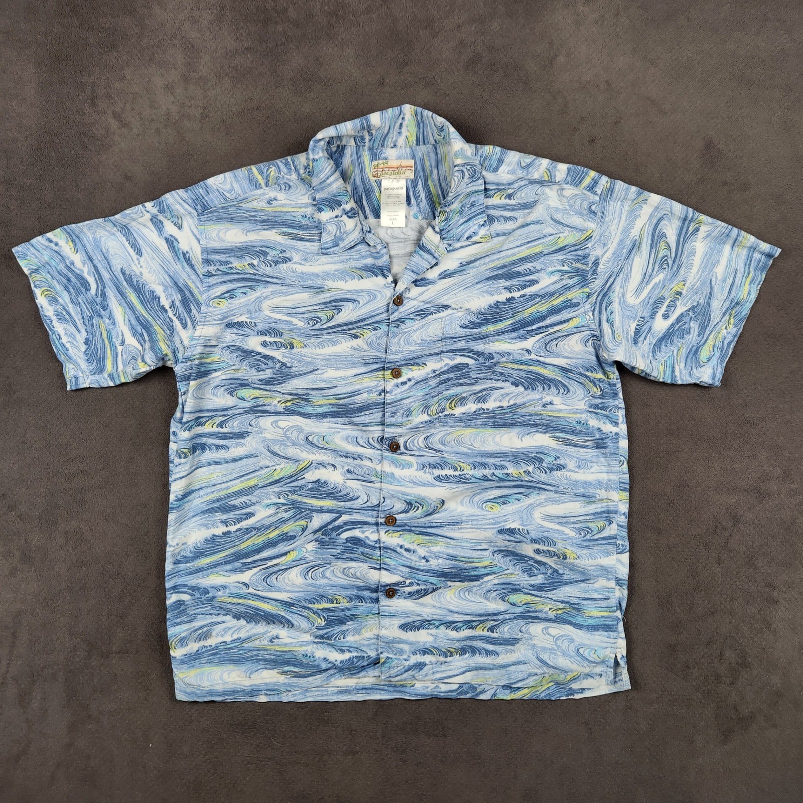 Patagonia Pataloha Shirt Mens Large Blue Swirl Wave Organic Cotton Tencel 52570