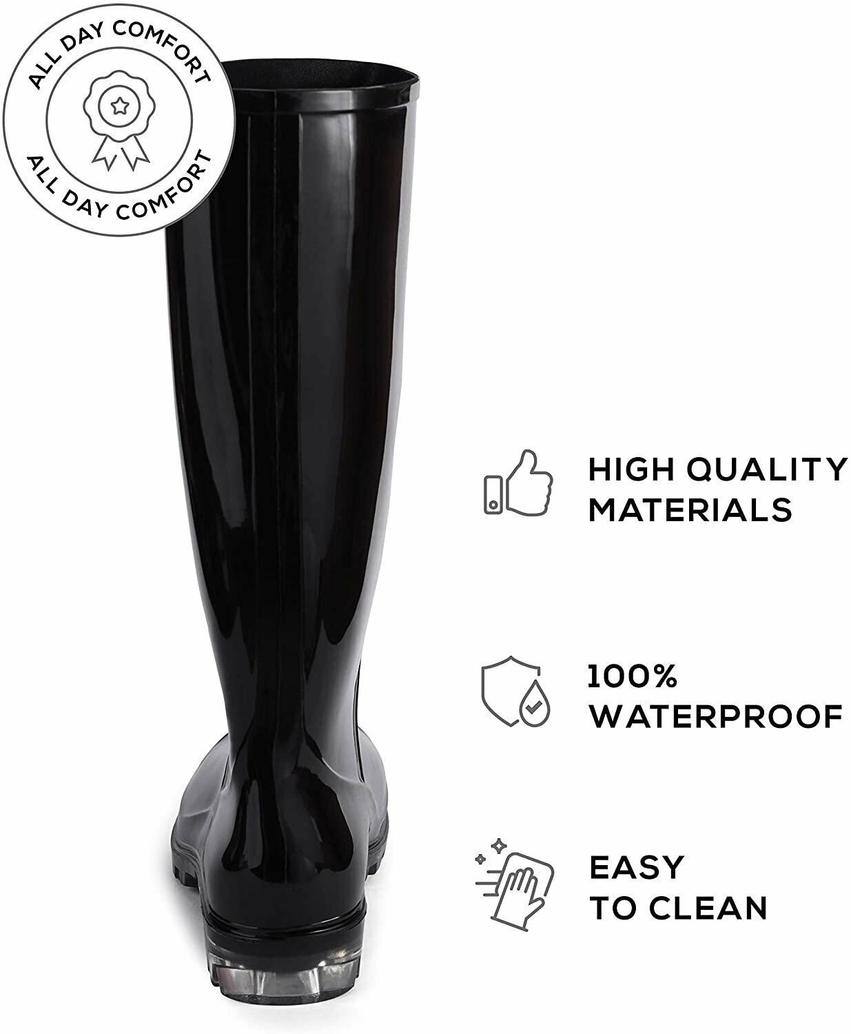Roxoni Womens Black Rubber Rain Boots 16″ Mid Calf Waterproof and Clear Sole