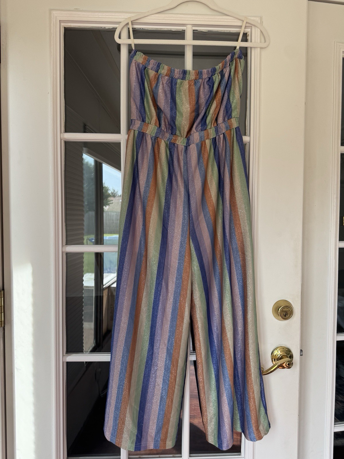 Moon River Strapless Striped Wide-Leg Jumpsuit M Polyester Elastic Waist