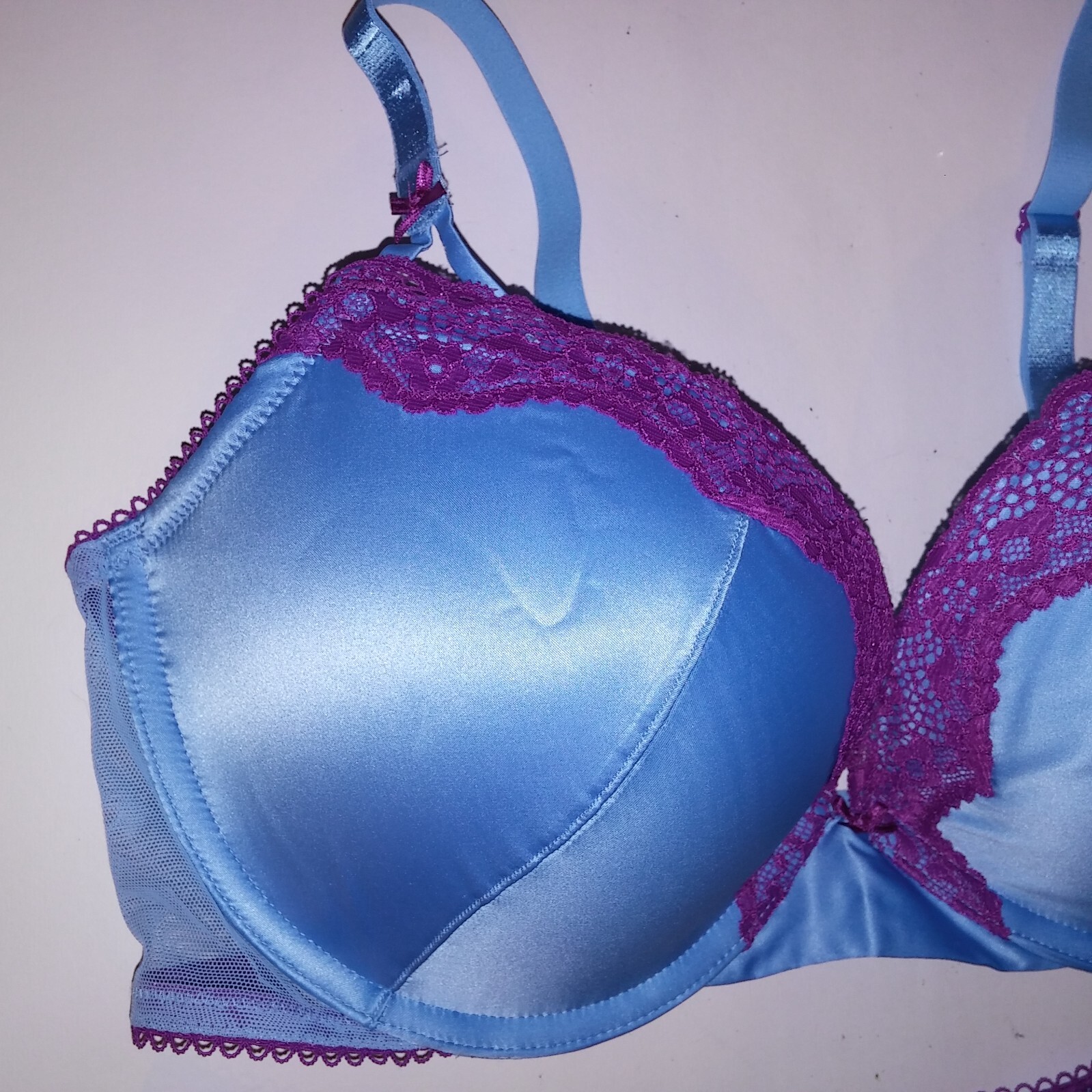 Victoria Secret Bra Set Push Up Thong Panty Blue Purple Tease Lace Trim Underwir