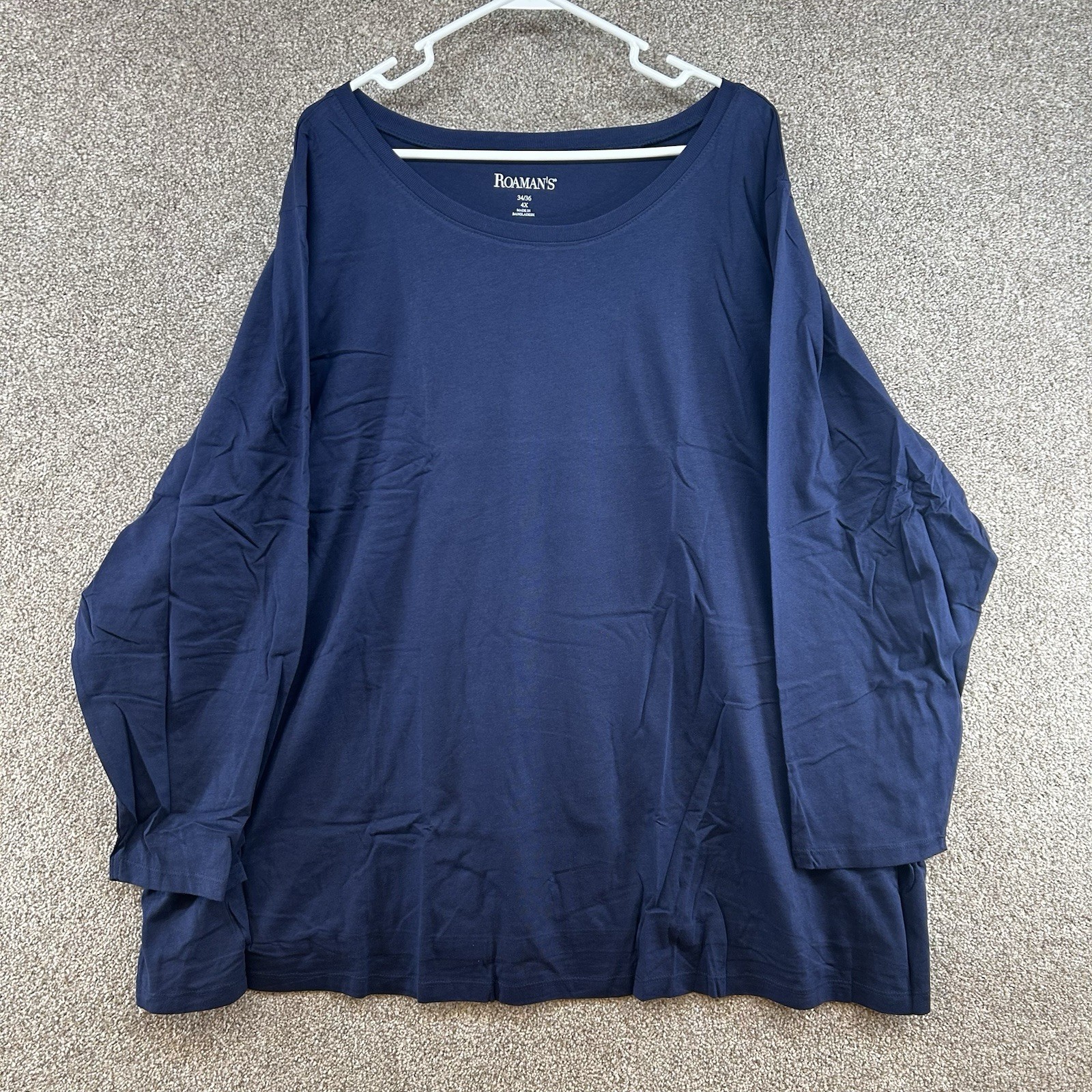 NWOT Roman’s Women’s 4X Navy Blue Log Sleeve Top Plus Size 34/36 Cotton Casual