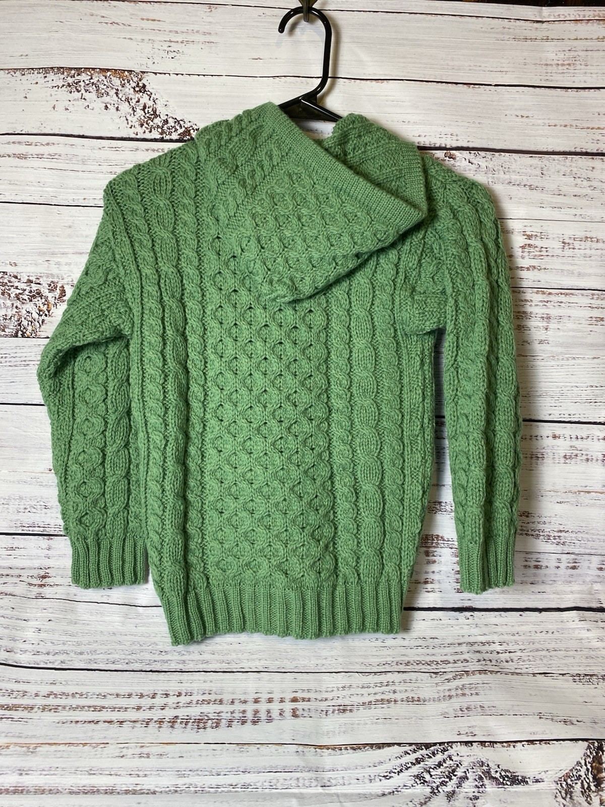 Aran Crafts Womens M Green Wool Cable-Knit Full Zip Collared Cardigan Sweater