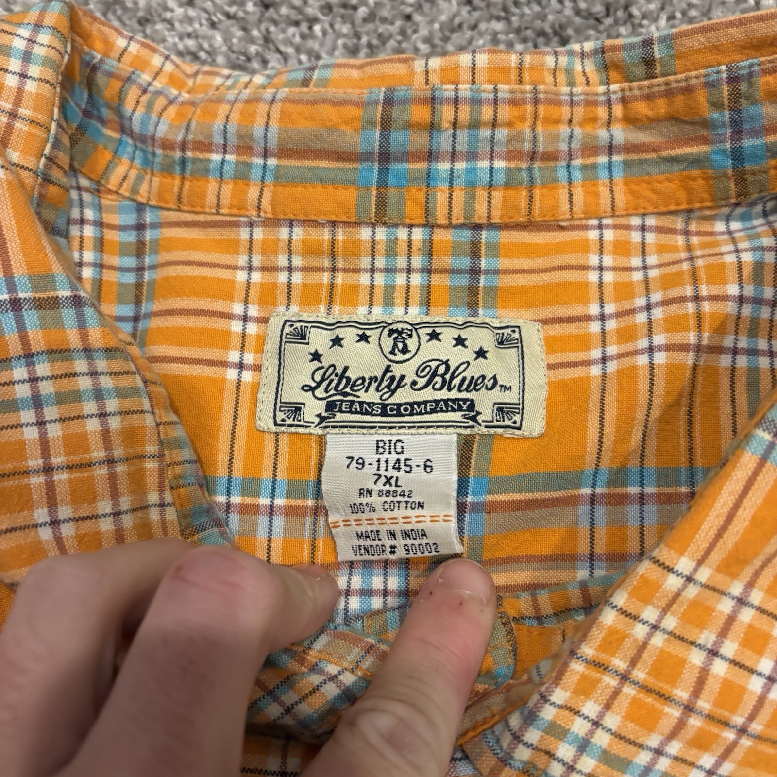 Liberty Blues Denim Western Shirt Men’s 7XLB / 7XL BIG Orange Plaid Button Up