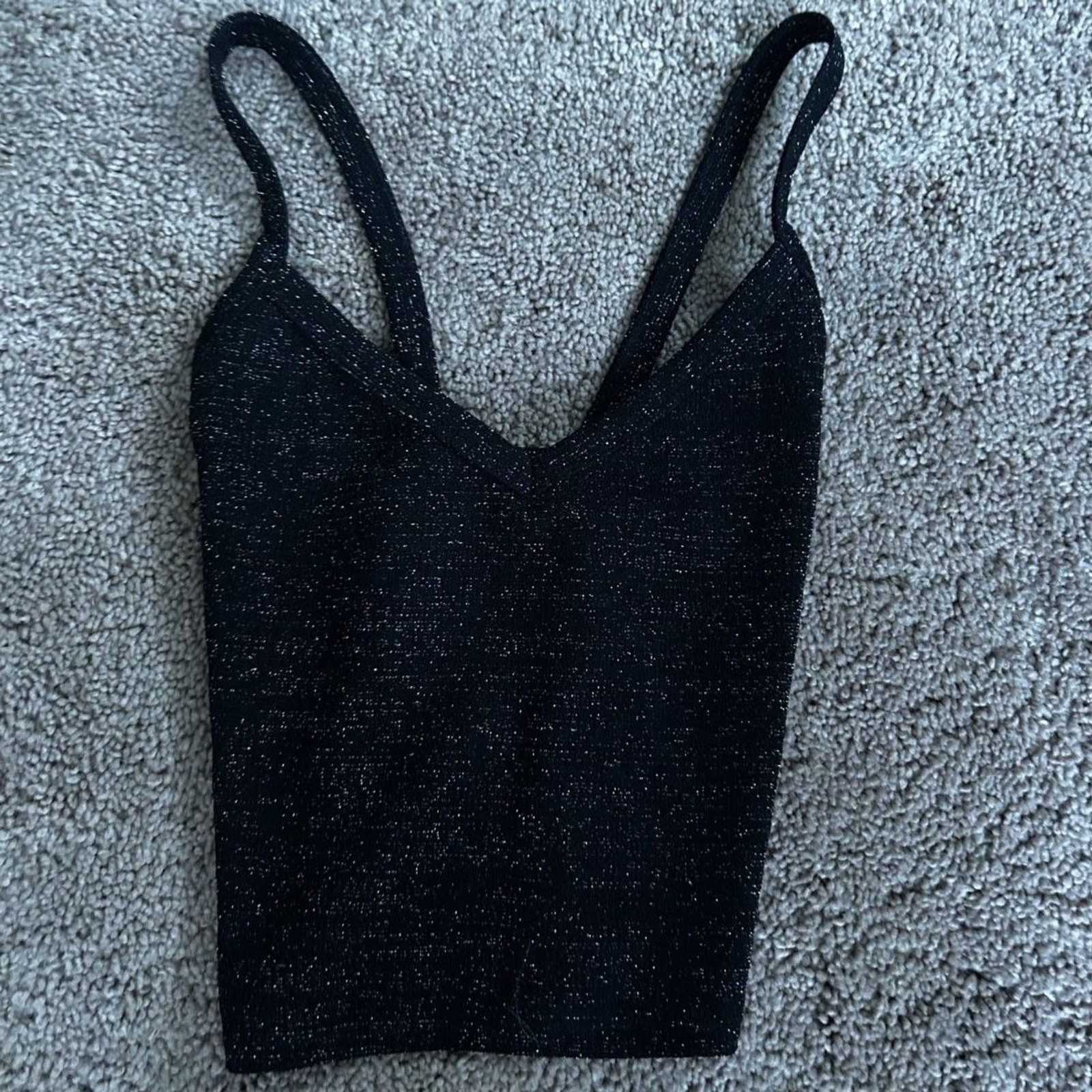 Forever 21 Black Glitter Shimmer Tank Top Cross Back Size Small Sparkle