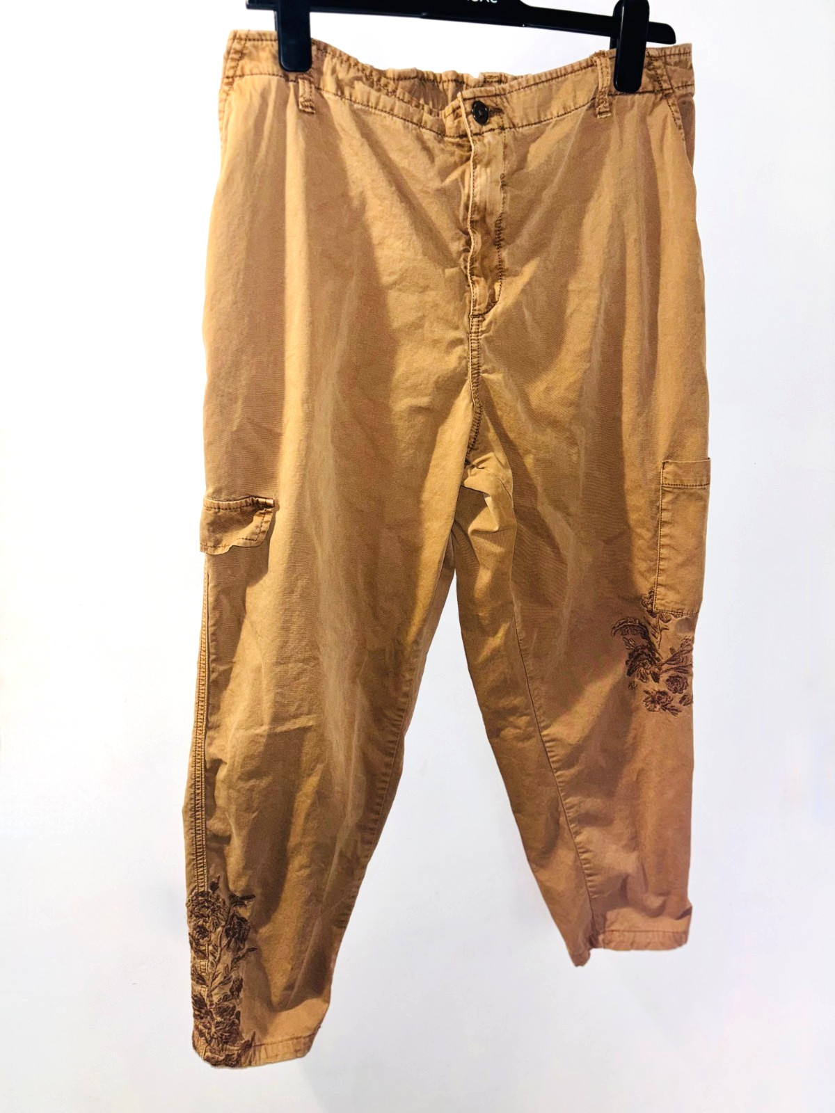 TU 100% Cotton Camel Elasticated Waist Embroidered Combat Trousers, Size – 18