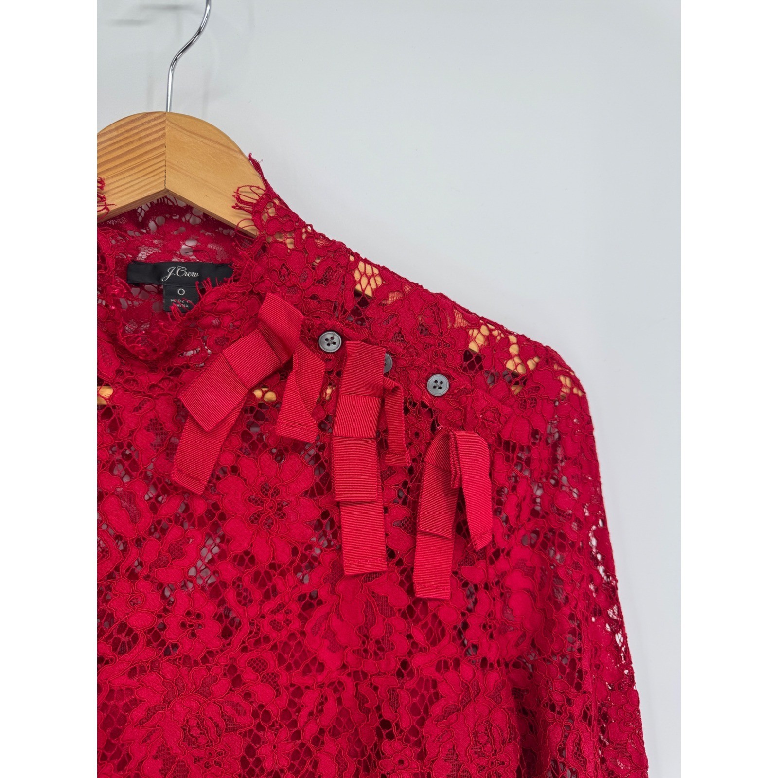 J.Crew Shirt Lace Bow Womens 0 Red High Neck Victorian Romantic Elegant Coquette