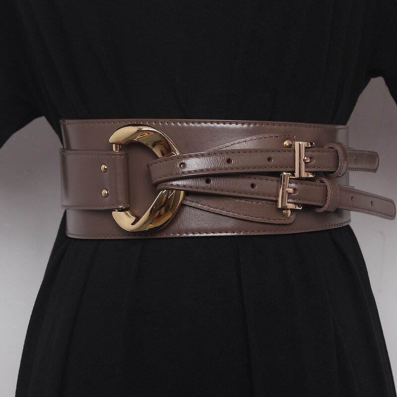 Women Cowhide Leather Corset Belt Double Prong Buckle Wide Decorative Waistband
