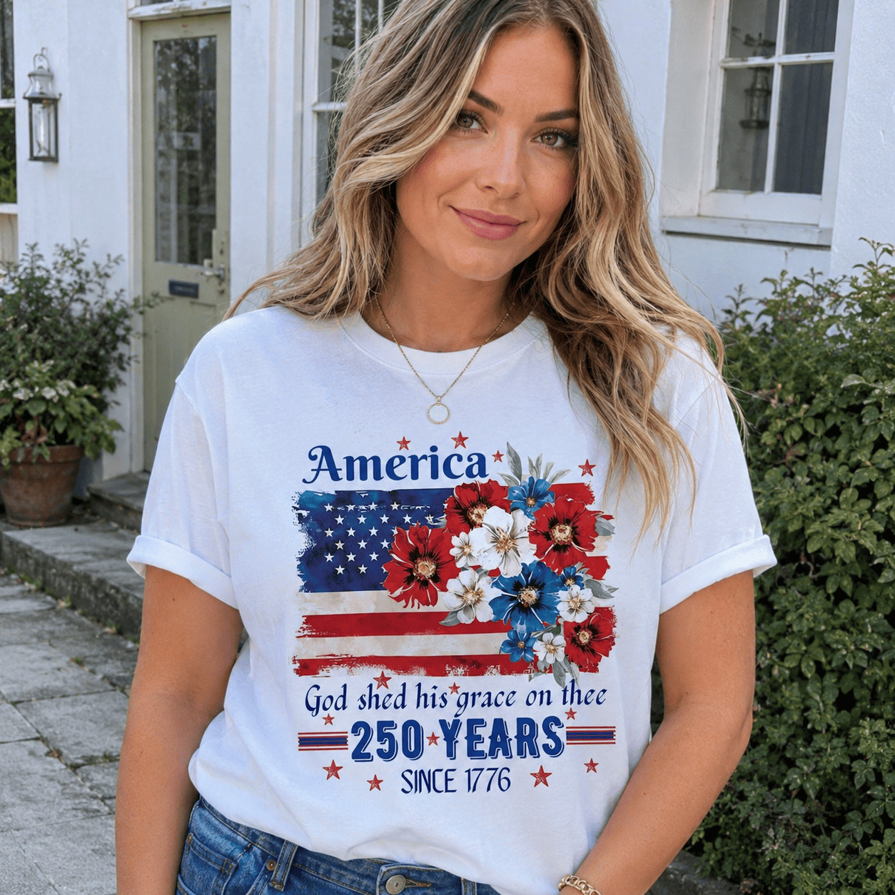 America 250 Years Semicentennial Graphic Tee – Patriotic Floral USA Flag T-Shirt