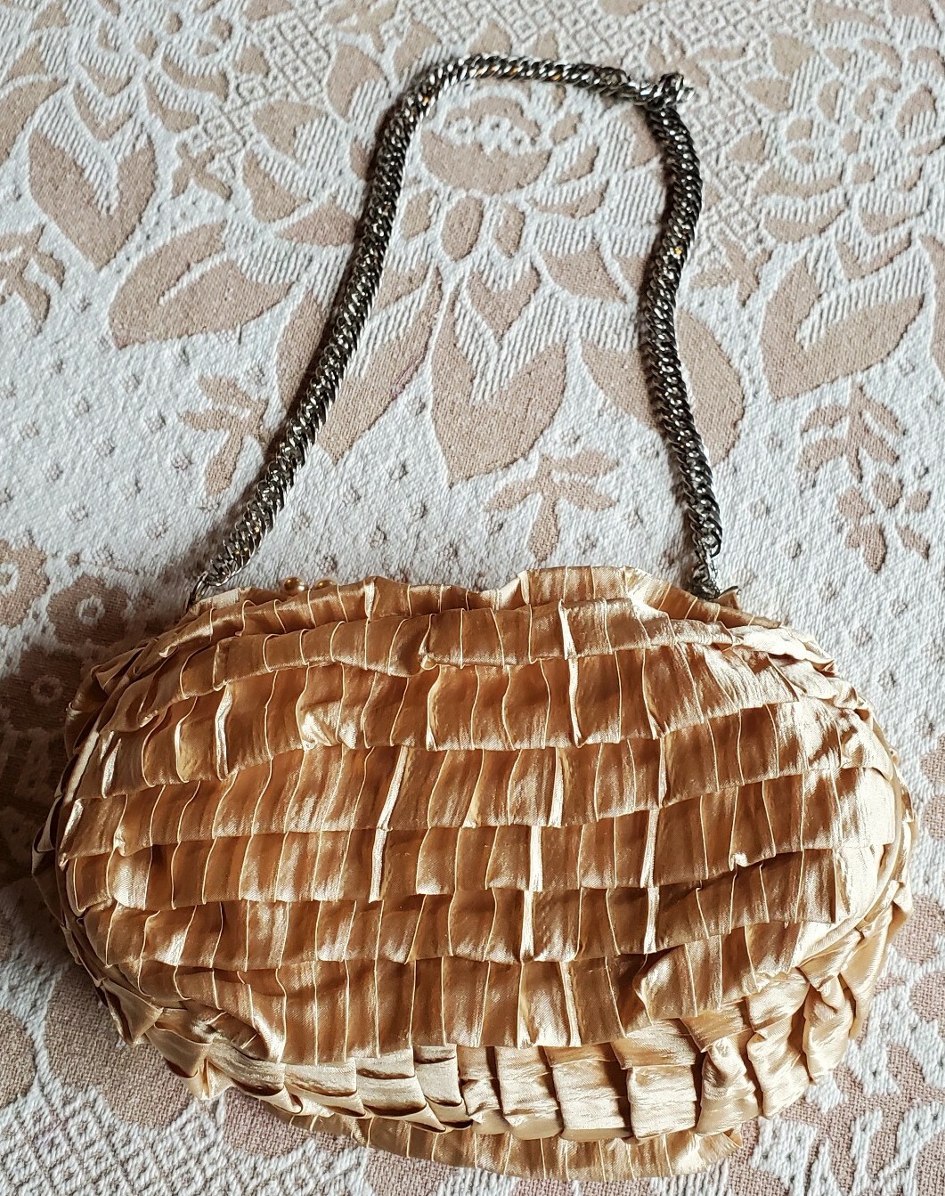 Satin Fabric and Pearl Evening or Wedding Purse, Caramel/Peach