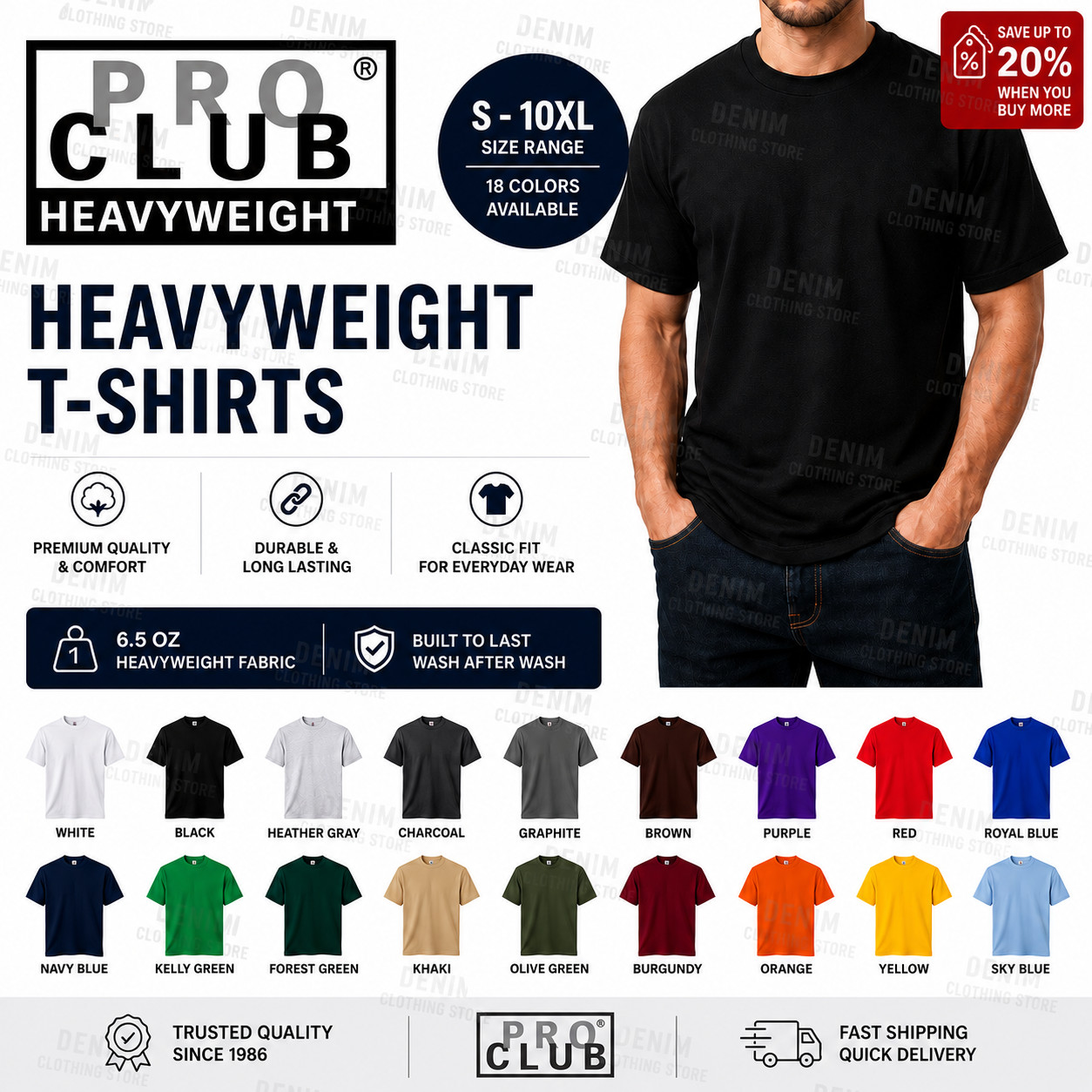 1 NEW PRO CLUB MEN’S BLANK HEAVY WEIGHT CREW NECK SHORT SLEEVE T-SHIRT S – 10XL