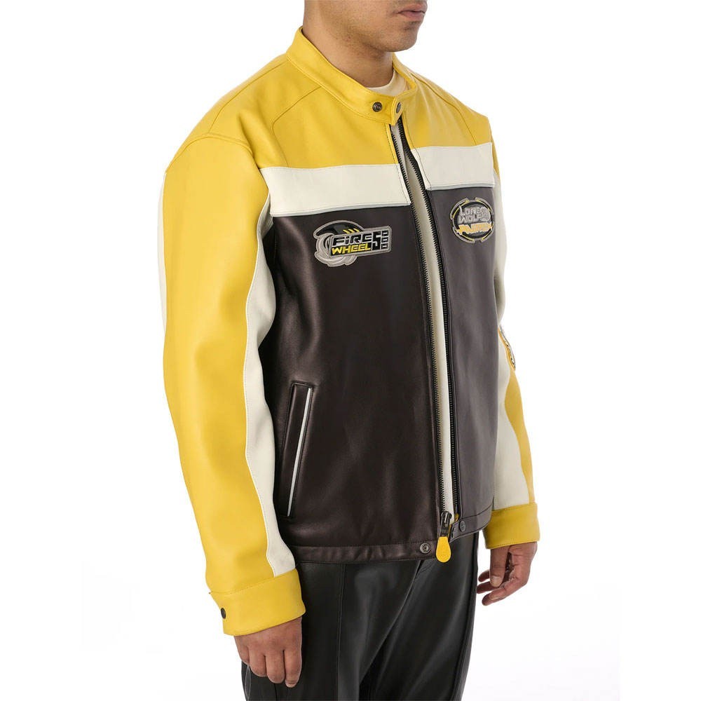 Avirex Racing Leather Jacket Men Super Racer Team Lone Wolf Biker Coat Yellow