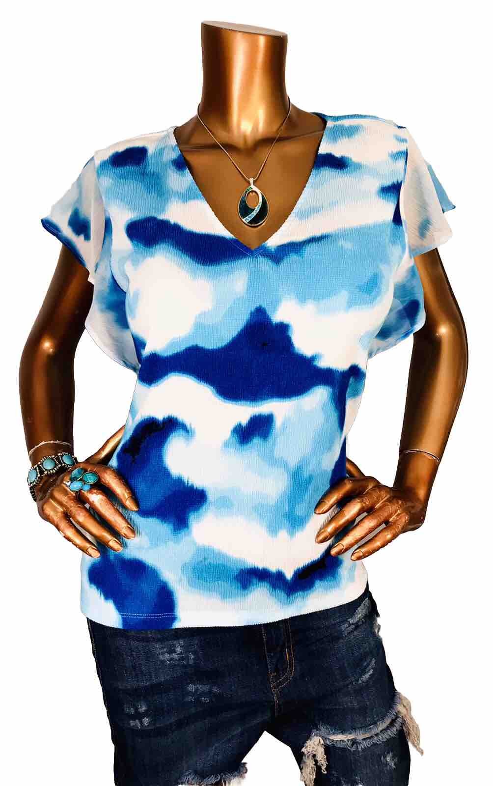 Calvin Klein M Top Stretch NWT Low Cut CK Hem Logo Blouse Blue White Short Slv