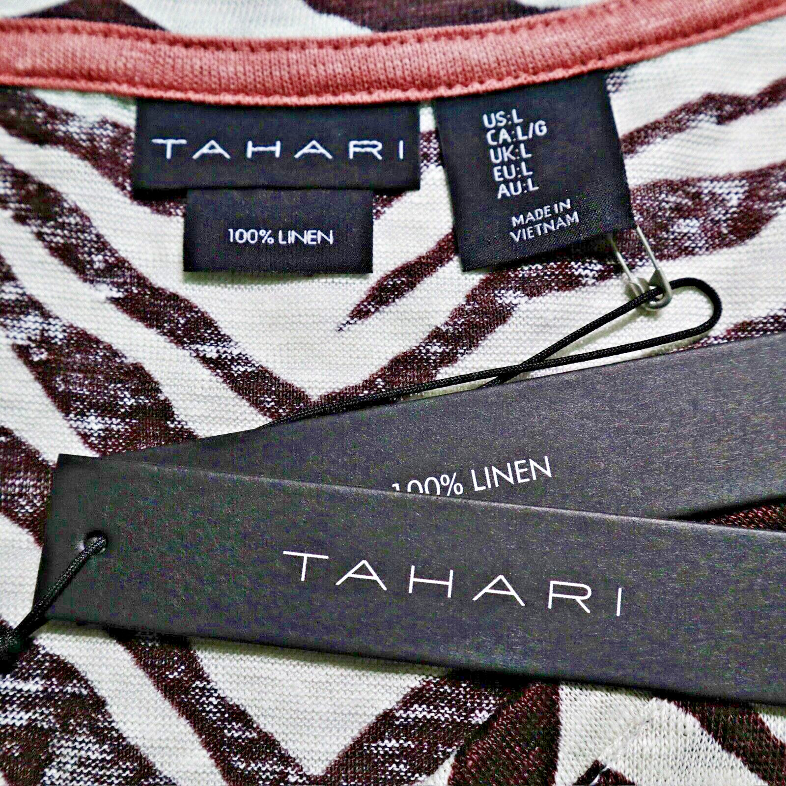 NWT Tahari Size L Linen Shirt V Neck Brown White Zebra Print