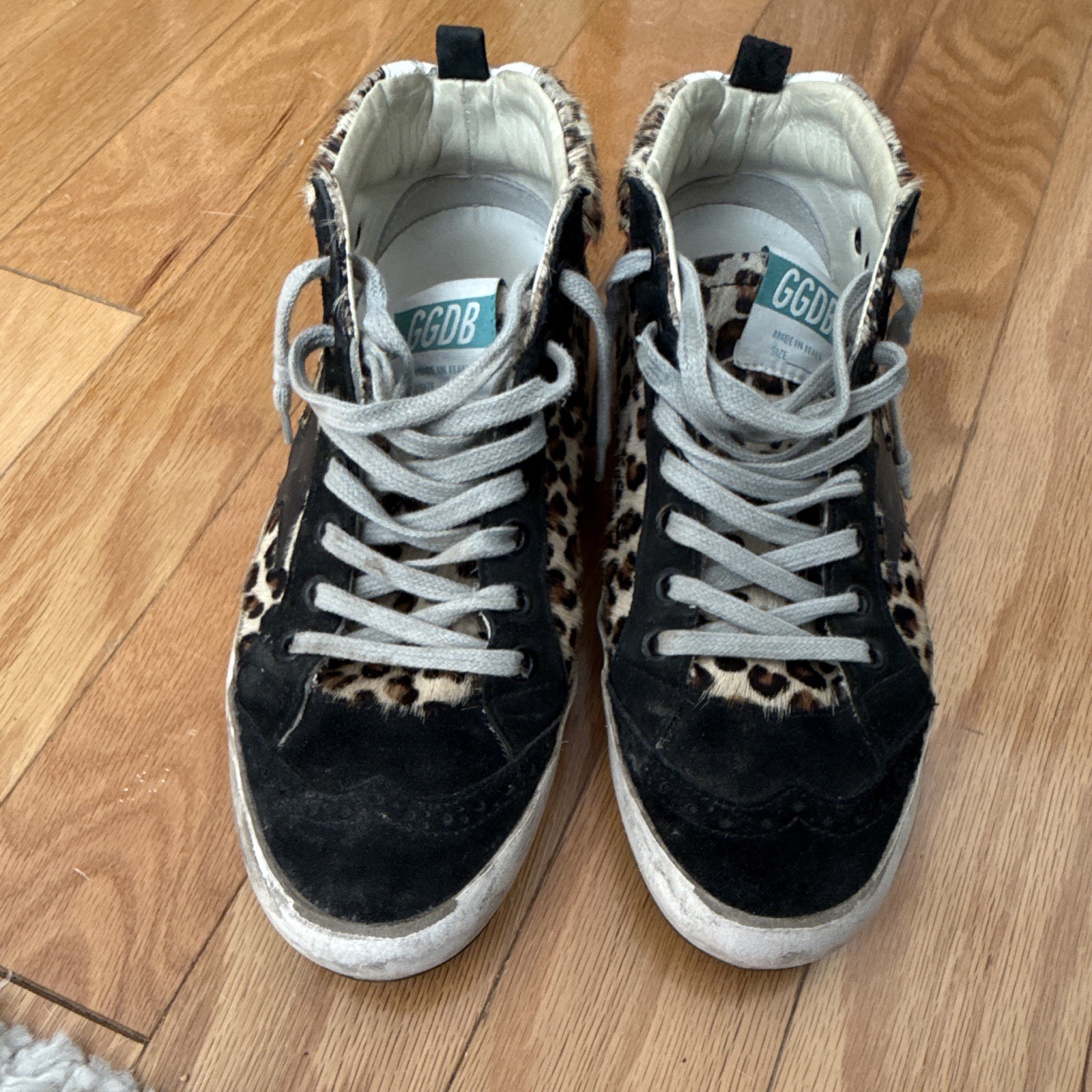 Golden Goose High Top Leopard Animal Print Sneakers Black Beige Pink Lace-Up