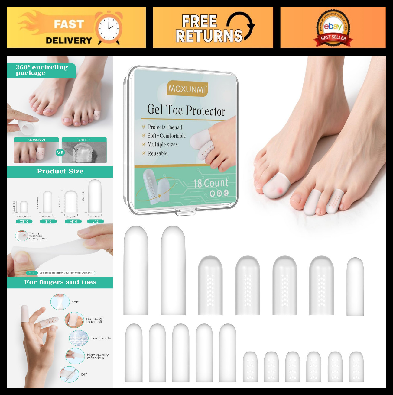 18 Pack Silicone Toe Protectors – Gel Anti-Friction Caps & Sleeves, Soft Cushion