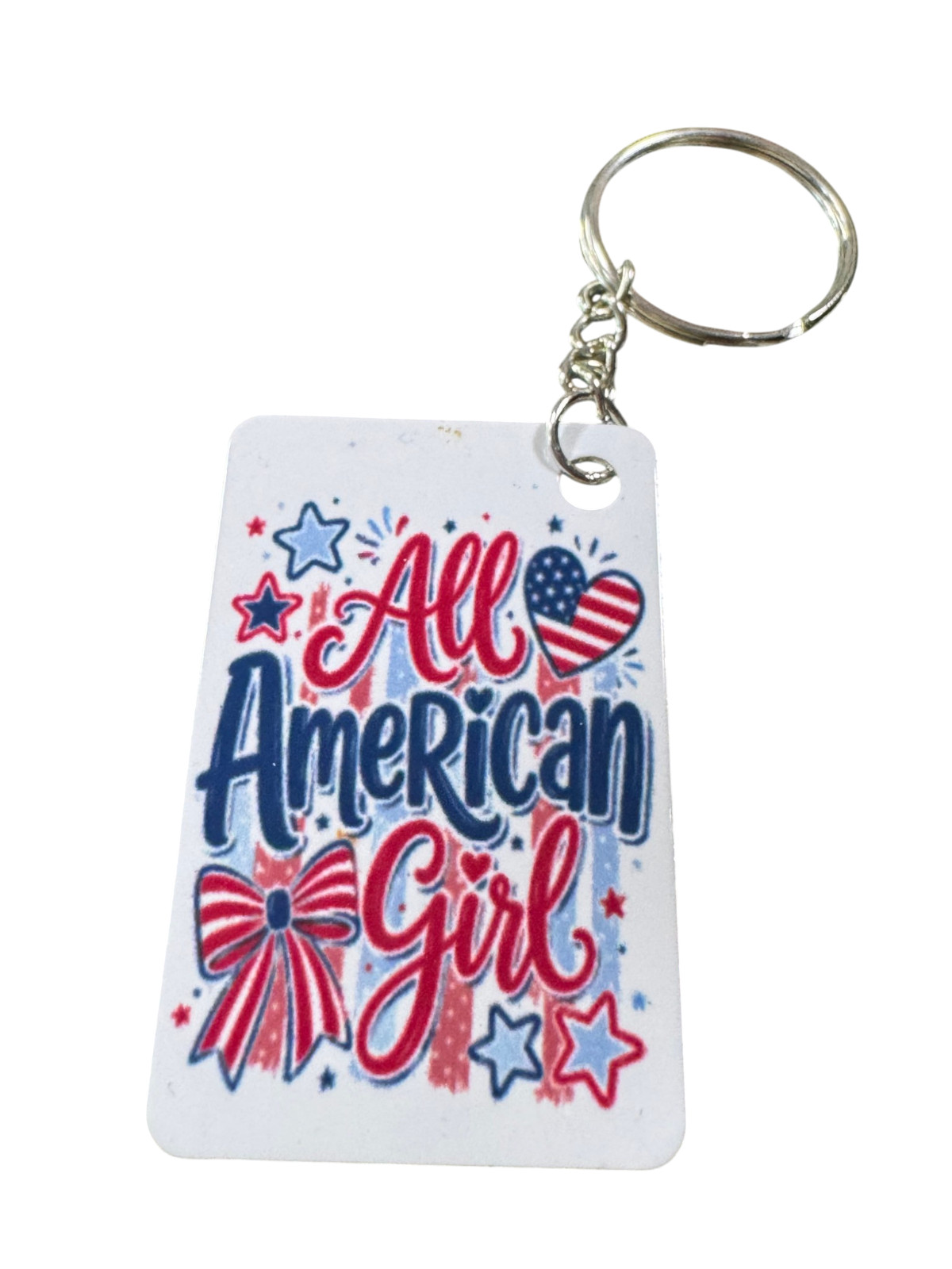 All American Girl Patriotic Metal Keychain, Red White and Blue USA Flag Design
