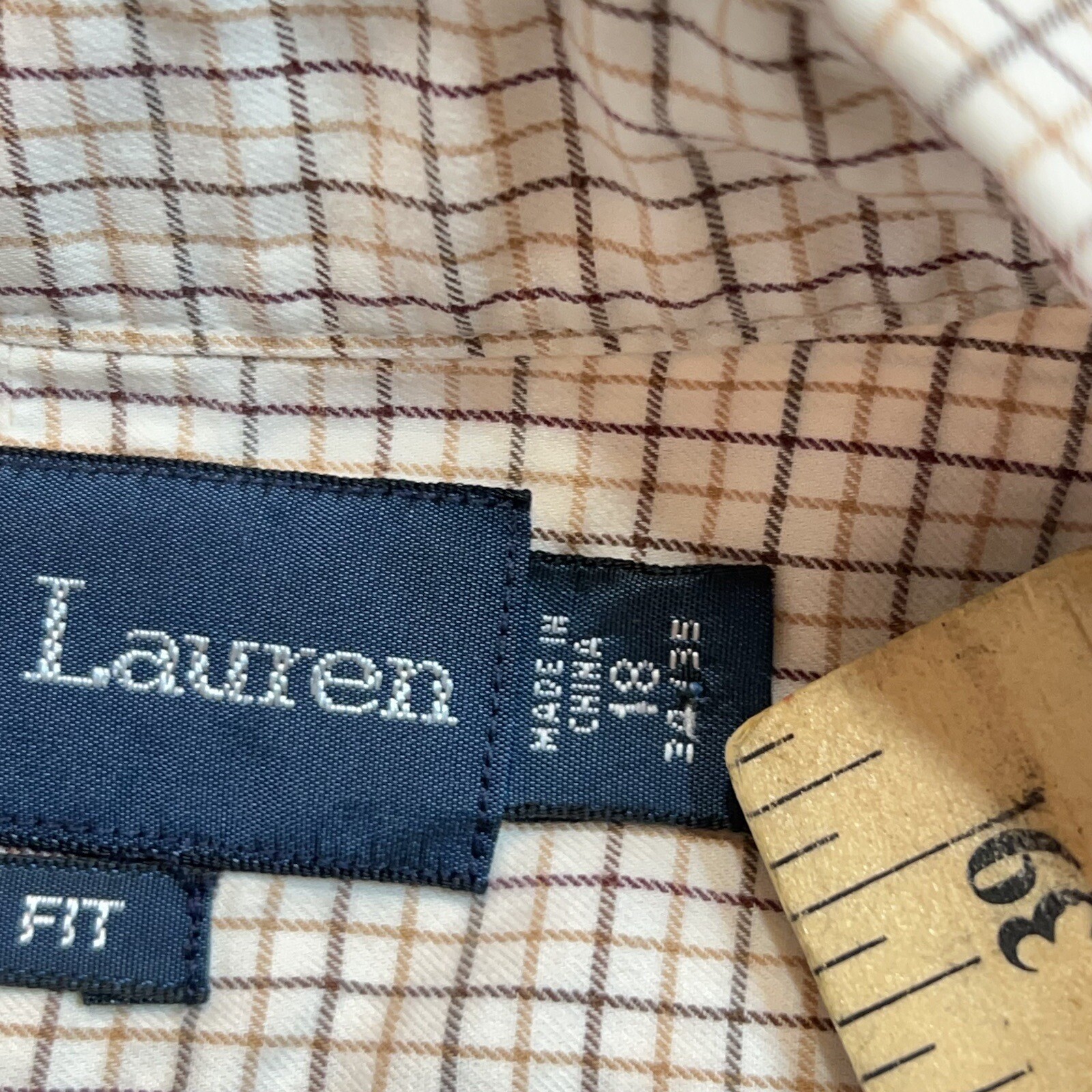 Ralph Lauren Mens Button Down Shirt 18 34-35 Classic Fit Beige White Check Plaid