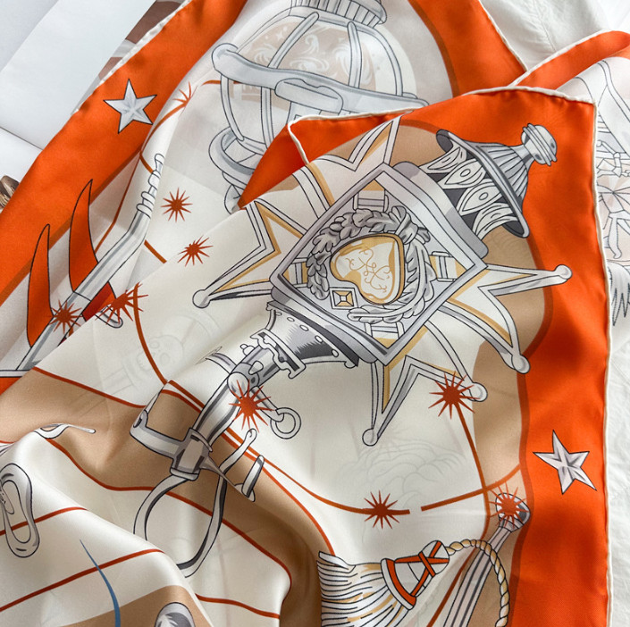 Mulberry Silk Square Scarf Women Neckerchief Wrap Orange wheels Print98