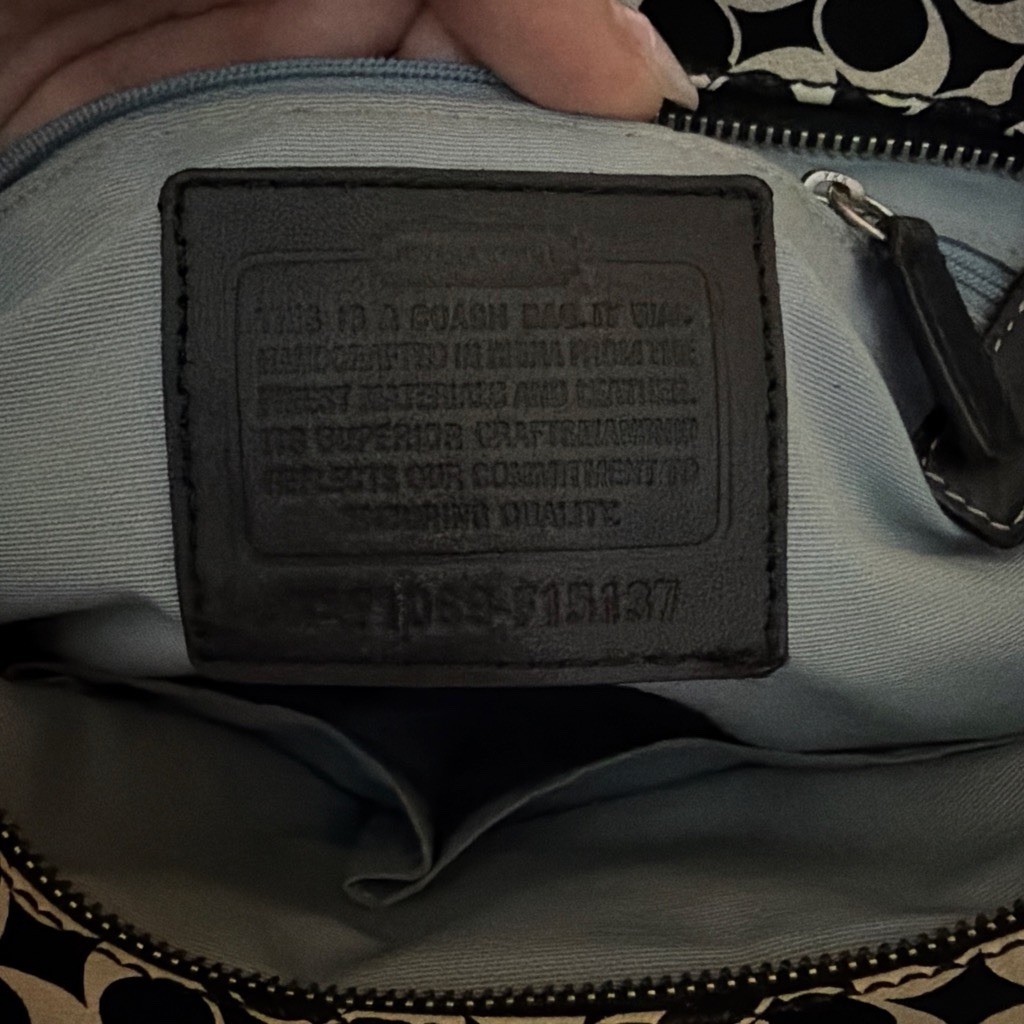 Coach Black/White Signature Tote Zip Closure Double Handles Silver Hardware