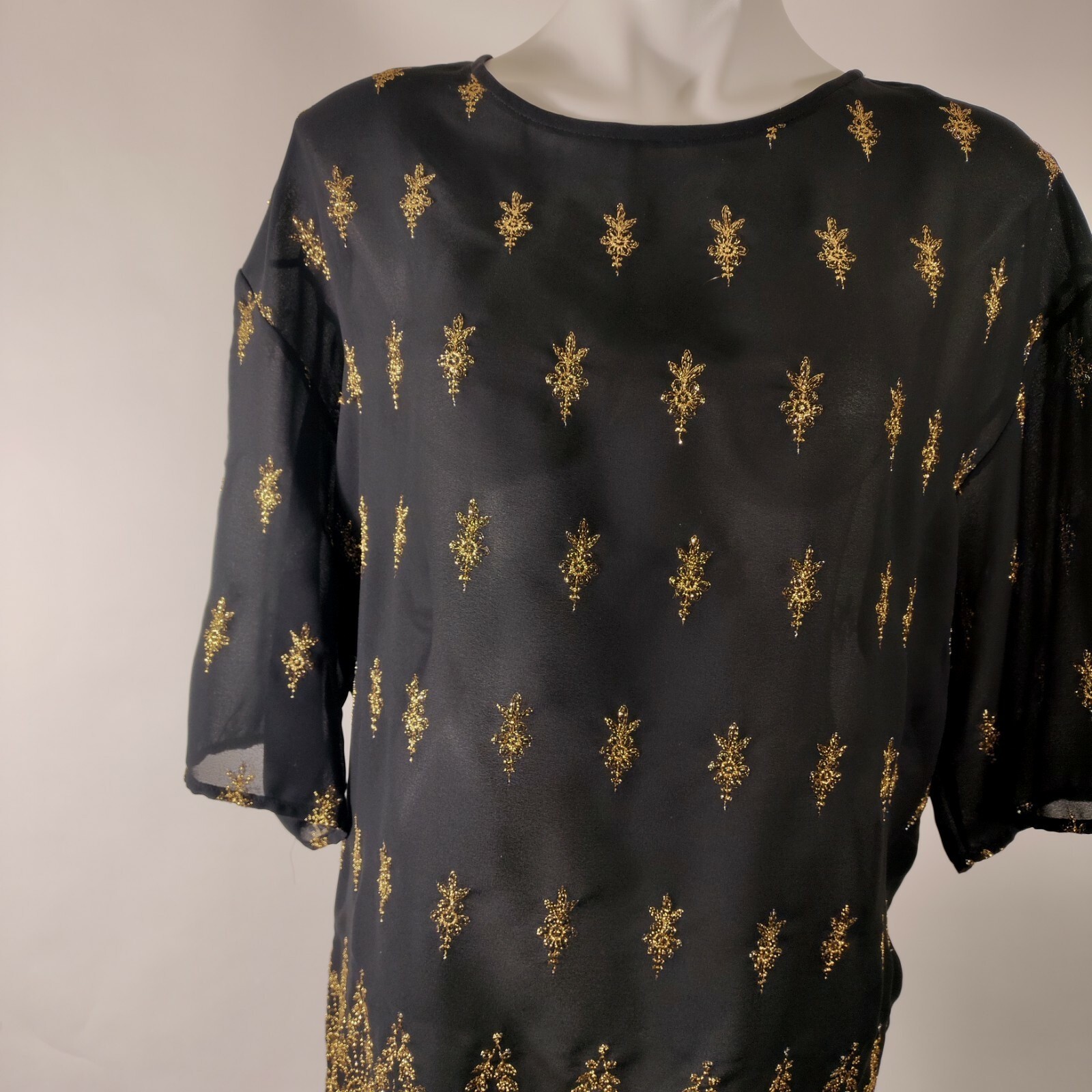 ABS Allen Schwartz Collection Black Blouse Top Gold Embellishments Sz M – Stains