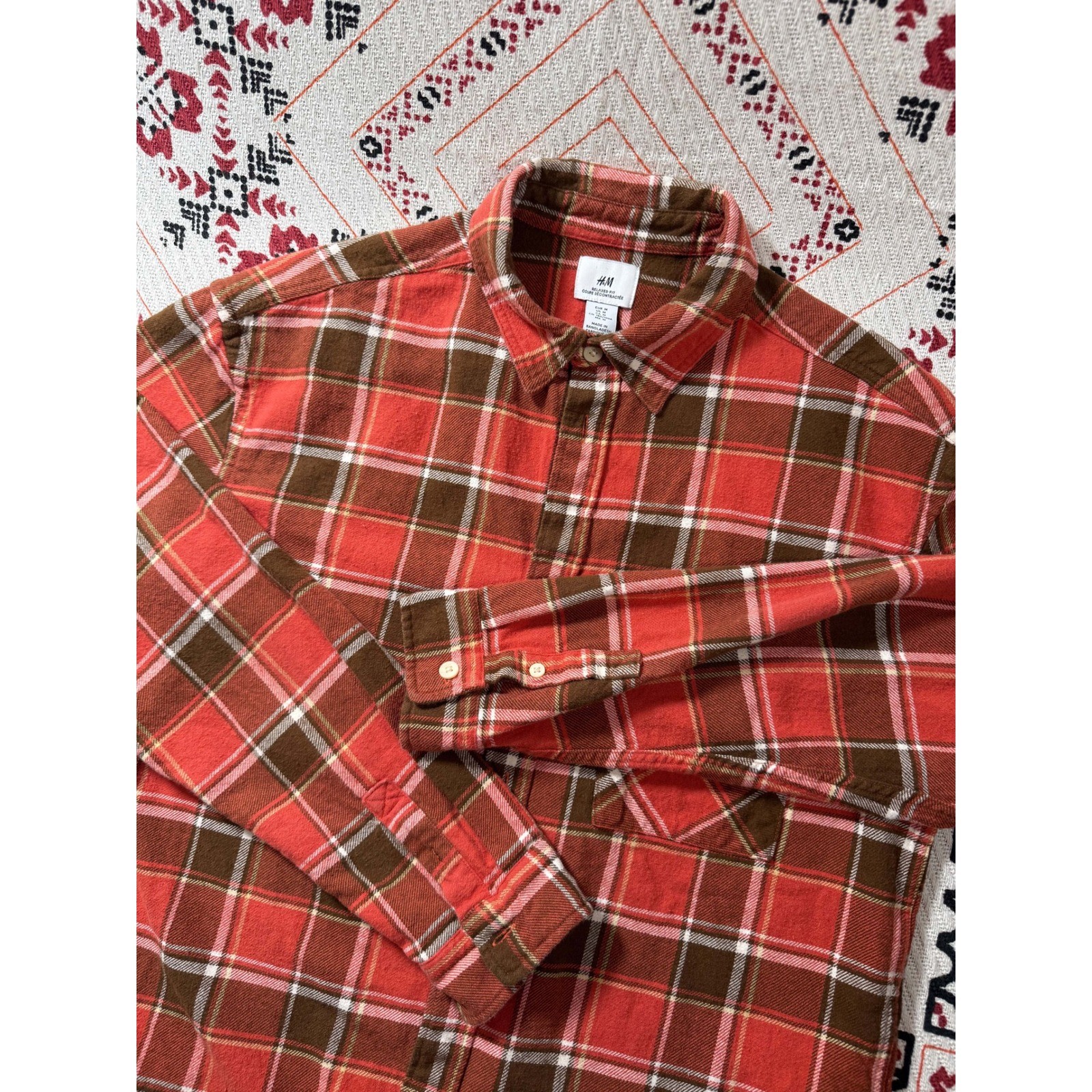 Relaxed Fit Flannel Shirt Orange Brown Plaid Mens Medium Button Up Grunge Fit