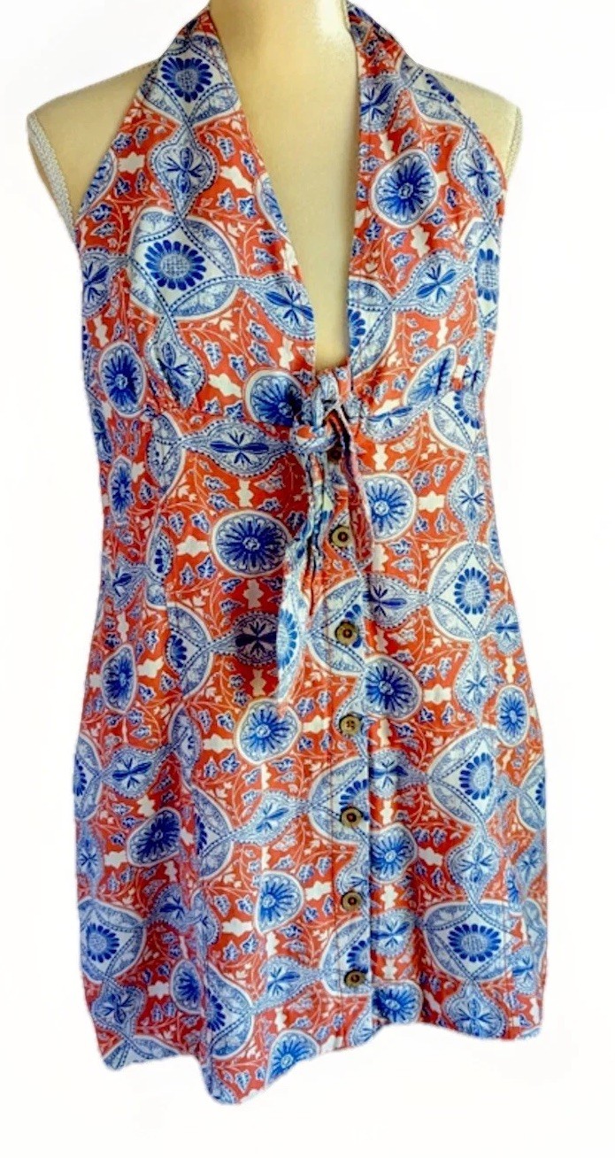 Maeve Anthropologie Halter Dress Size M Button Front Linen Blend Tie Neck Preppy