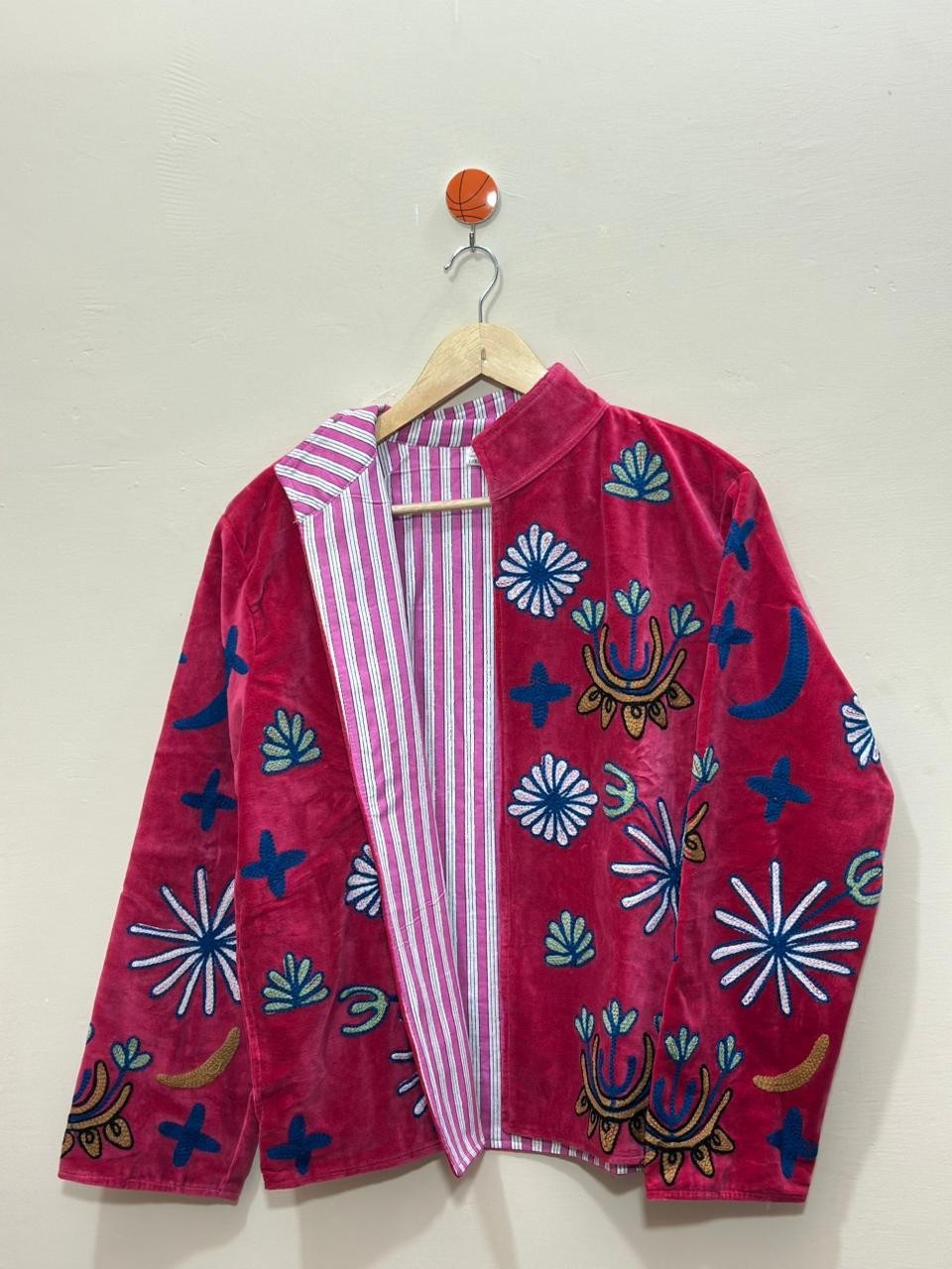 Pink Floral Velvet Suzani Jacket Handmade Embroidered Festival Fashionable Coat