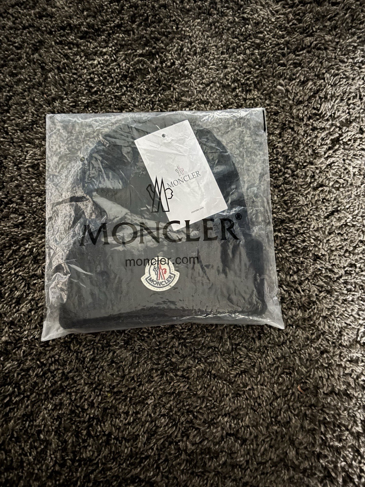 Moncler Men’s Black Solid Beanie Hat One Size with Logo Patch