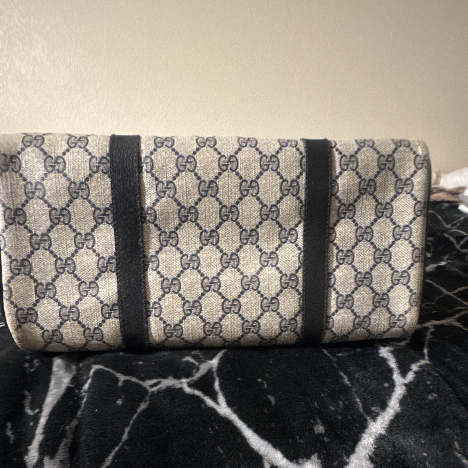 Vintage Gucci GG Monogram Satchel Top Handle Bag Zip Closure Beige Blue